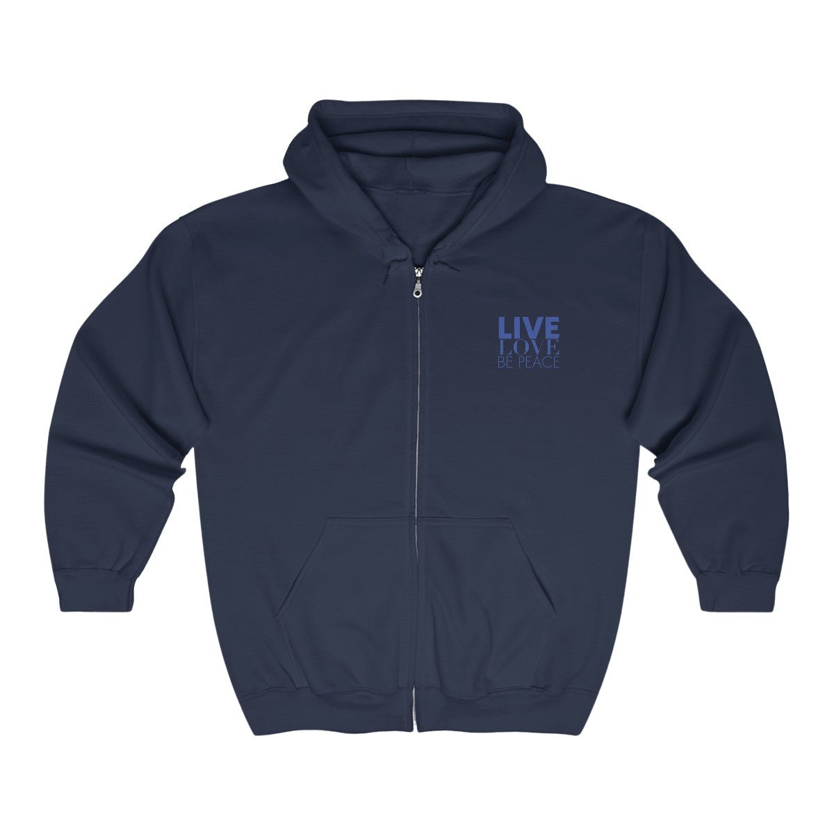Live Love Be Peace LOVE stack hoodie with Live Love Be Peace logo on front in blue on navy