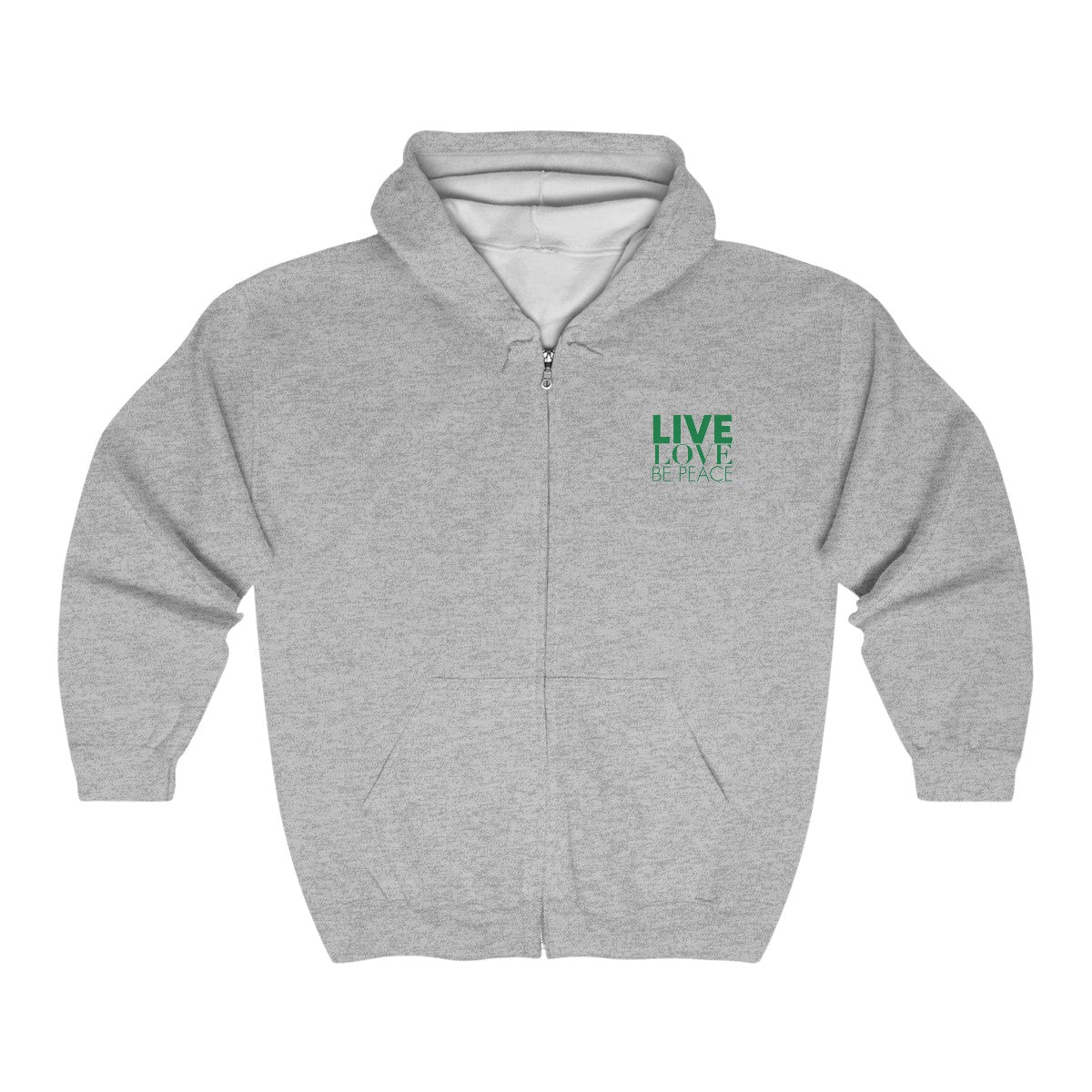Live Love Be Peace LOVE stack hoodie with Live Love Be Peace logo on front in green on grey
