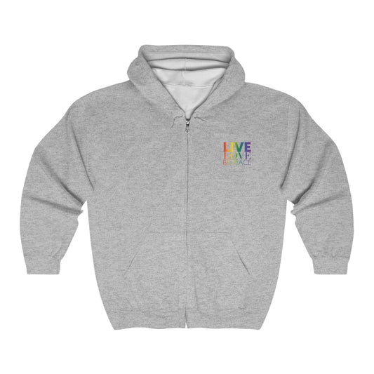 Live Love Be Peace LOVE stack hoodie with Live Love Be Peace logo on front in rainbow on grey