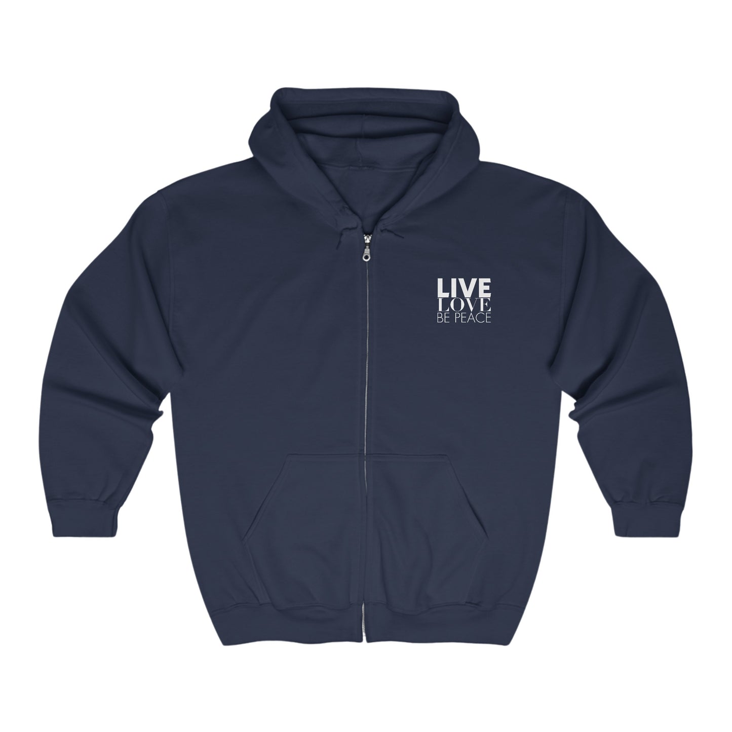 Live Love Be Peace LOVE stack hoodie with Live Love Be Peace logo on front in white on navy