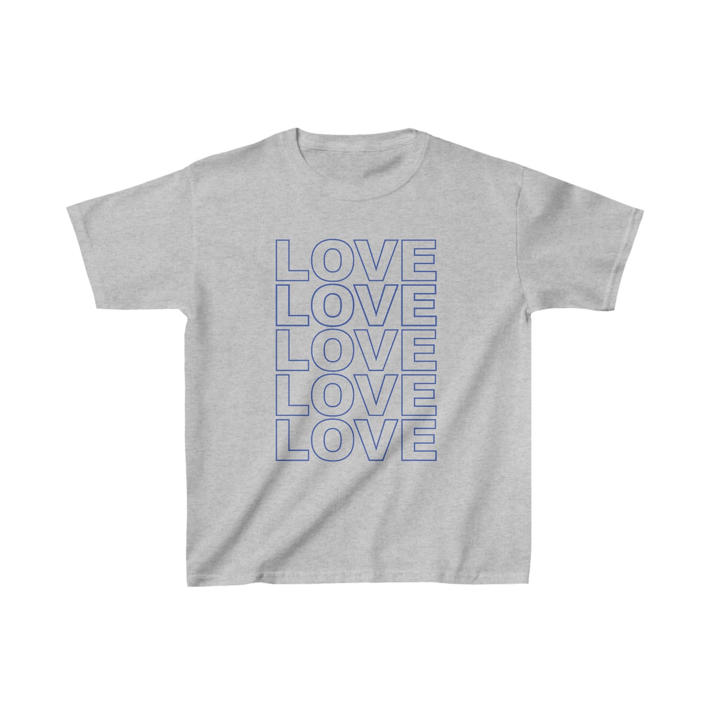 Live Love Be Peace LOVE Stack kids t shirt in blue on grey