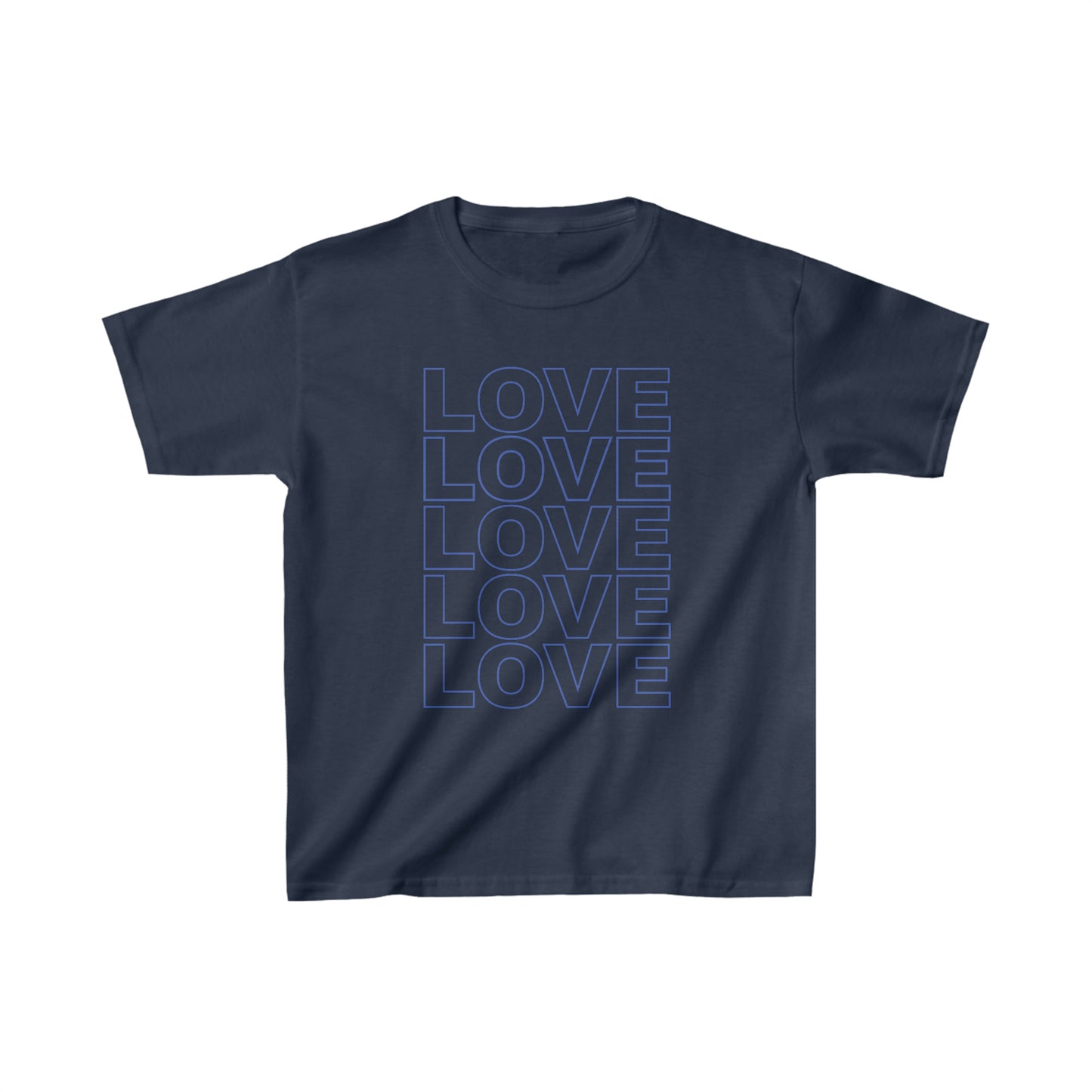 Live Love Be Peace LOVE Stack kids t shirt in blue on navy