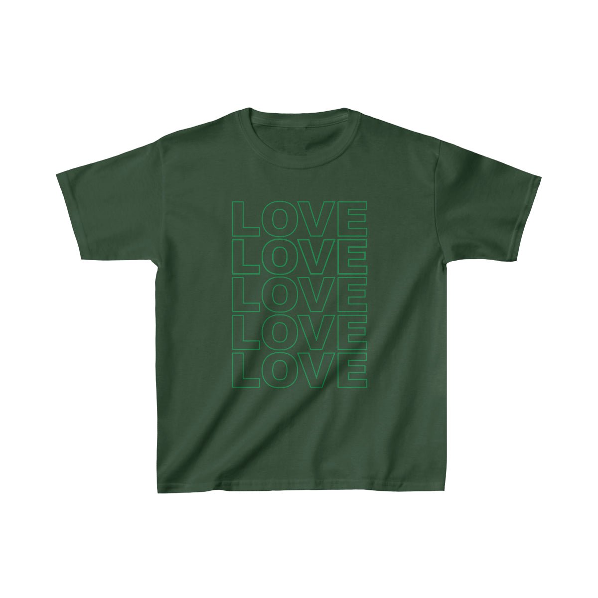 Live Love Be Peace LOVE Stack kids t shirt in green on forest green