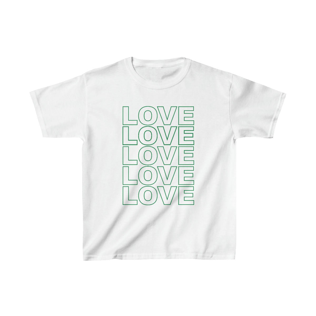 Live Love Be Peace LOVE Stack kids t shirt in green on white