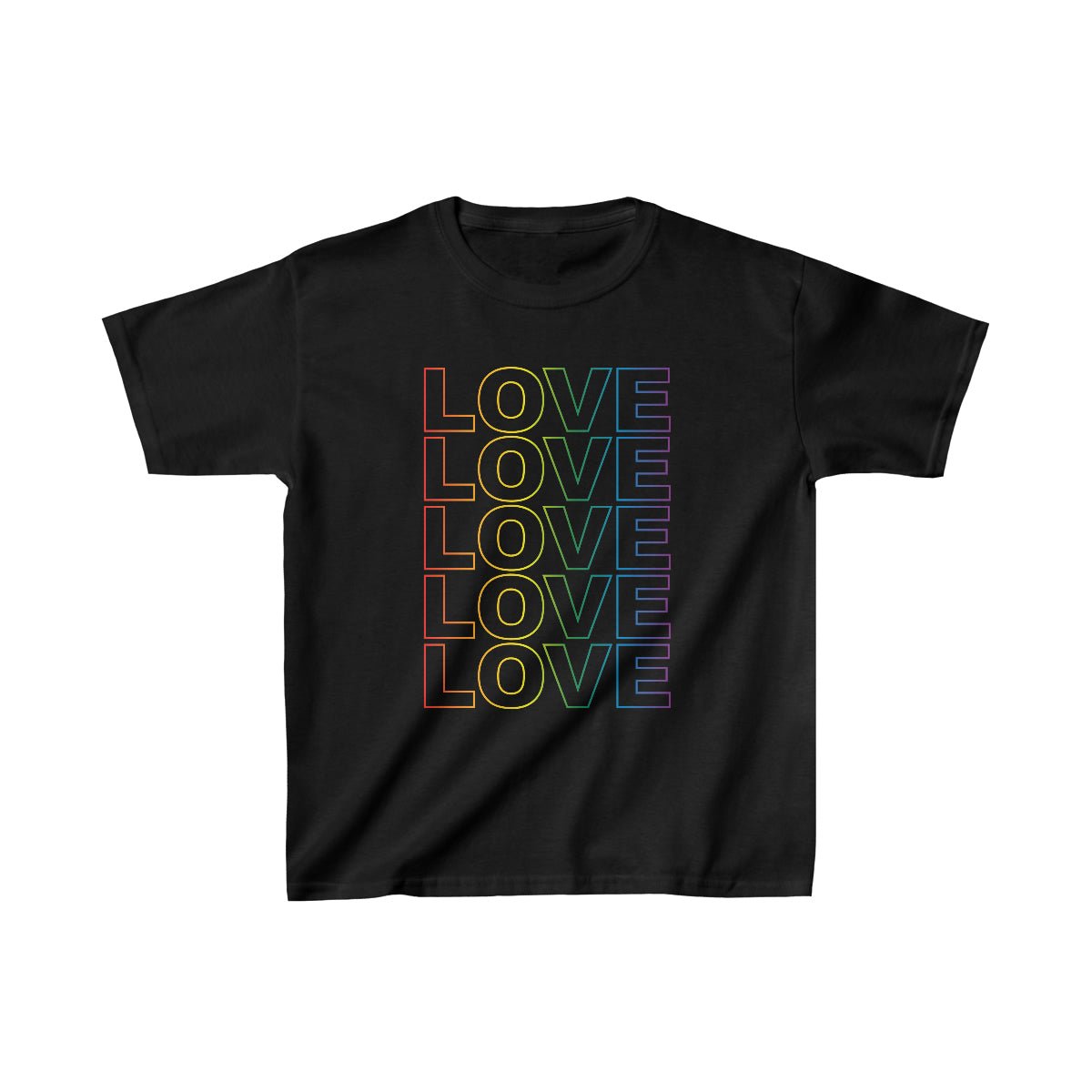 Live Love Be Peace LOVE Stack kids t shirt in rainbow on black