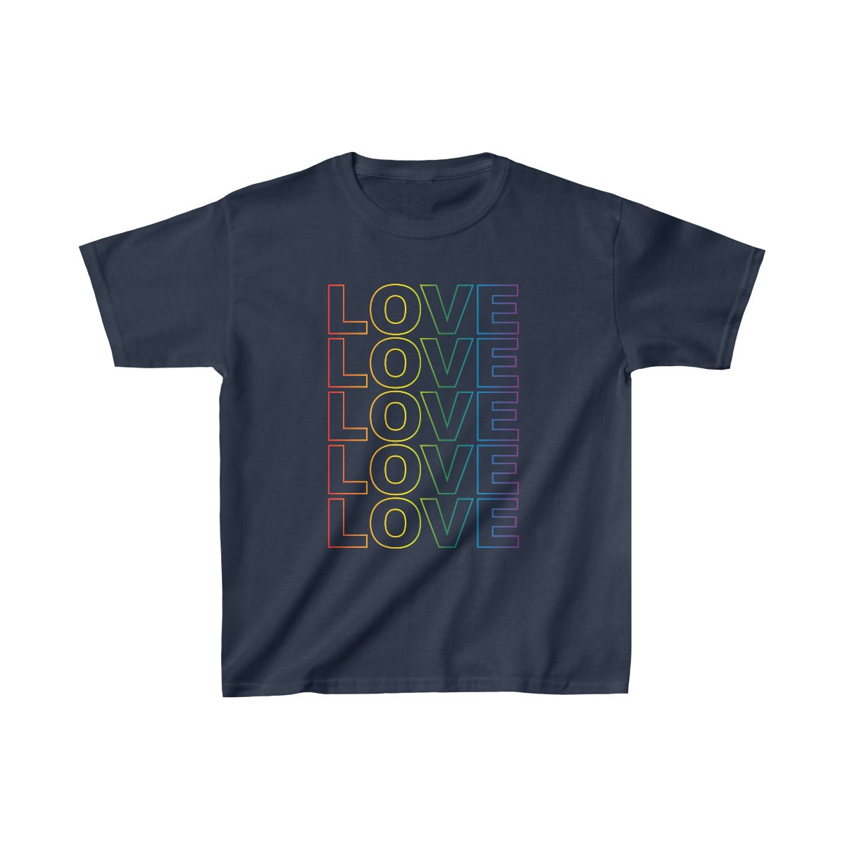 Live Love Be Peace LOVE Stack kids t shirt in rainbow on navy