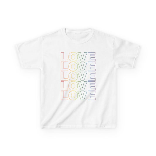 Live Love Be Peace LOVE Stack kids t shirt in rainbow on white