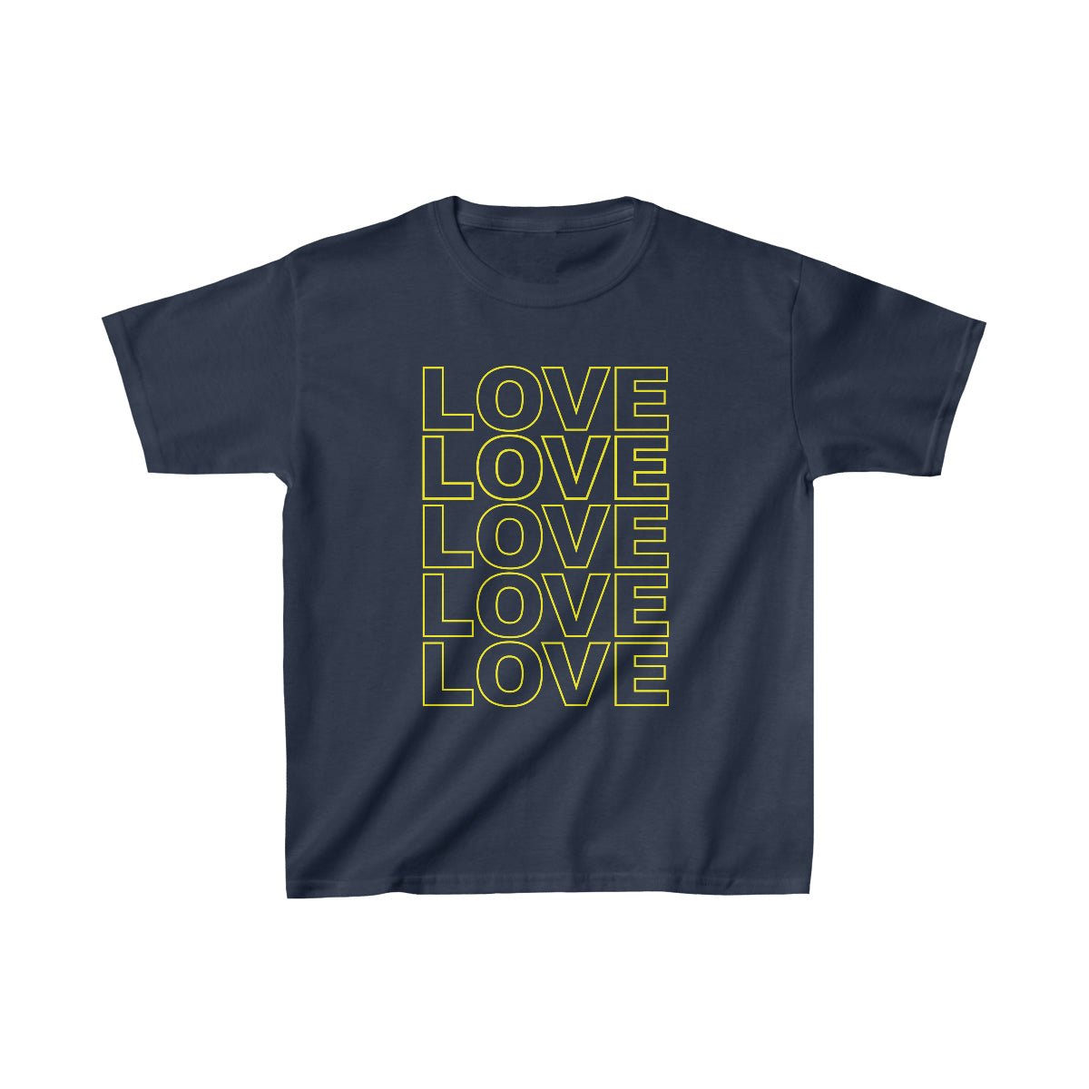 Live Love Be Peace LOVE Stack kids t shirt in yellow on navy