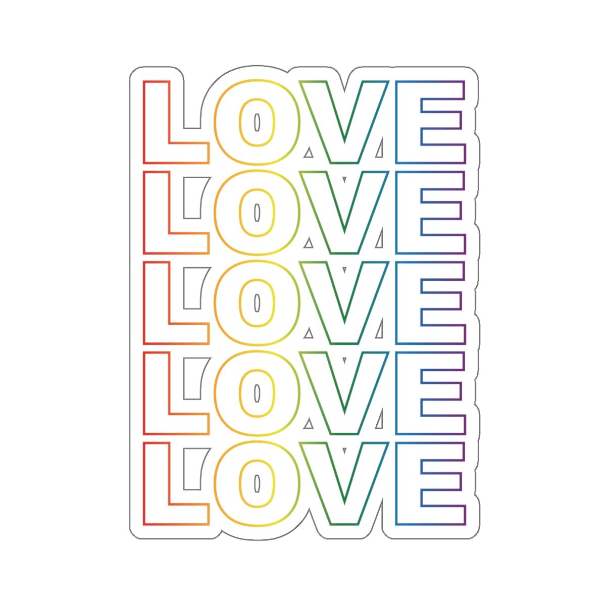 Live Love Be Peace LOVE stack kiss cut sticker in rainbow