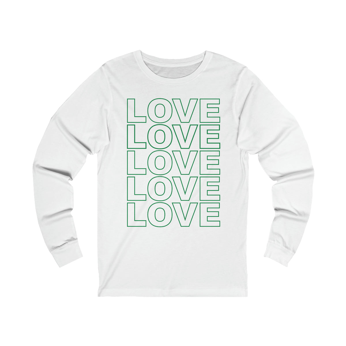 Live Love Be Peace LOVE Stack long sleeve t shirt in green on white
