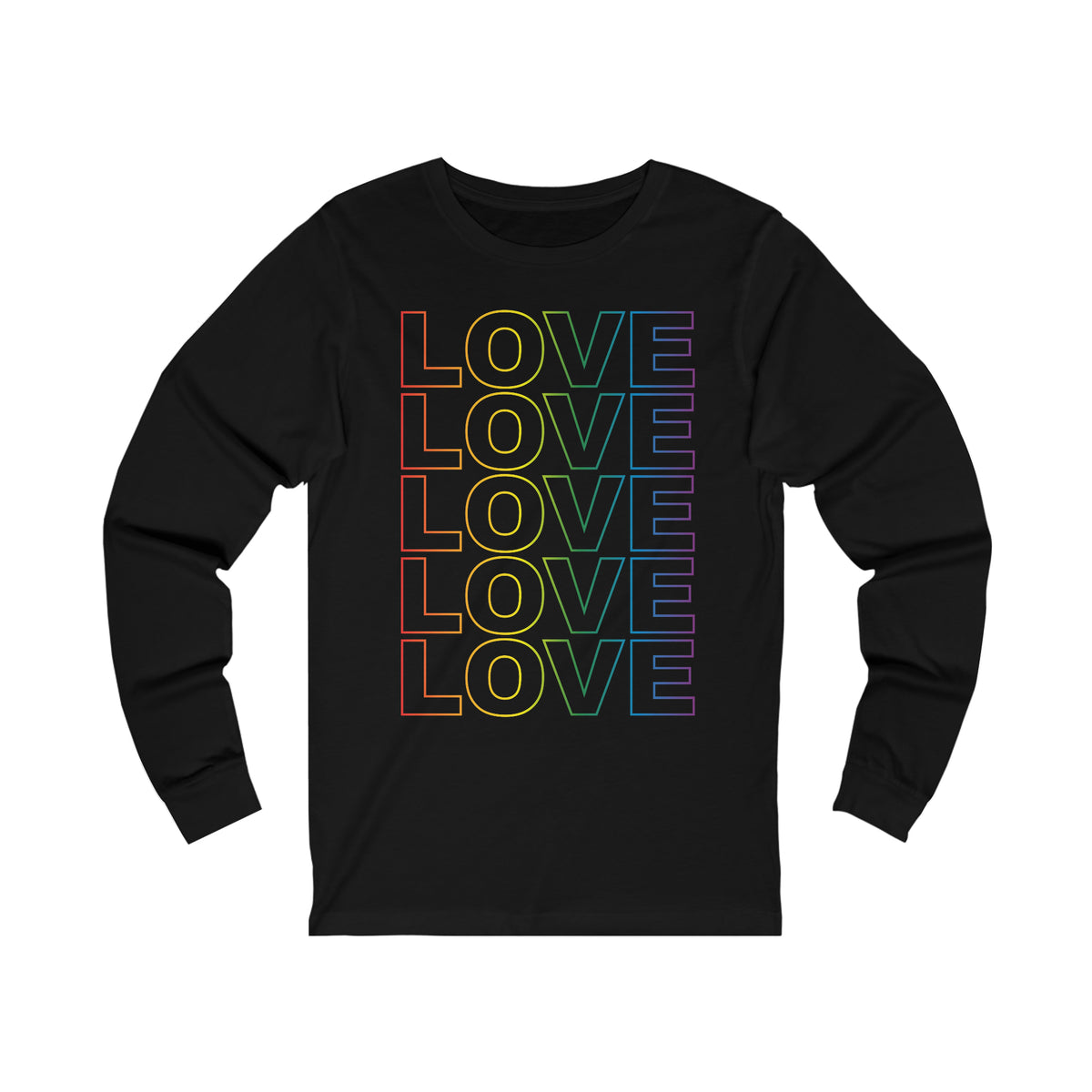 Live Love Be Peace LOVE Stack long sleeve t shirt in rainbow on black