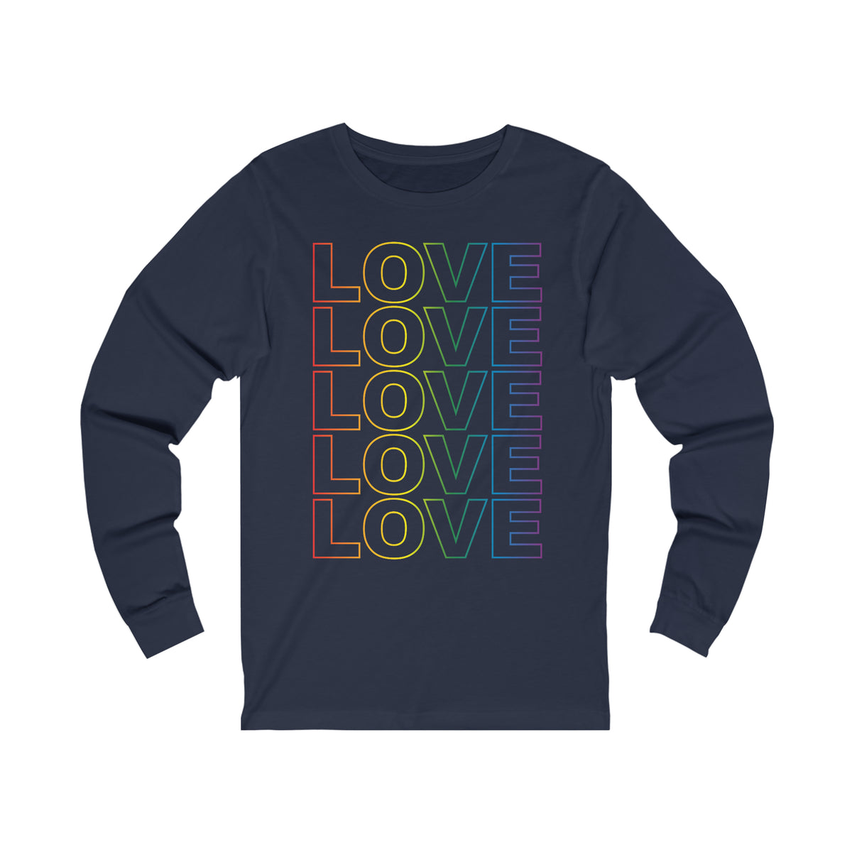 Live Love Be Peace LOVE Stack long sleeve t shirt in rainbow on navy