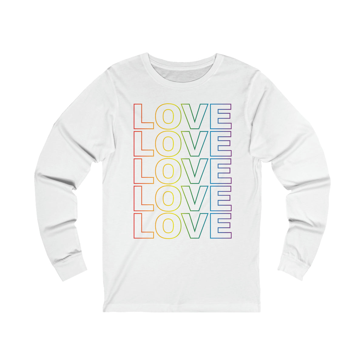 Live Love Be Peace LOVE Stack long sleeve t shirt in rainbow on white