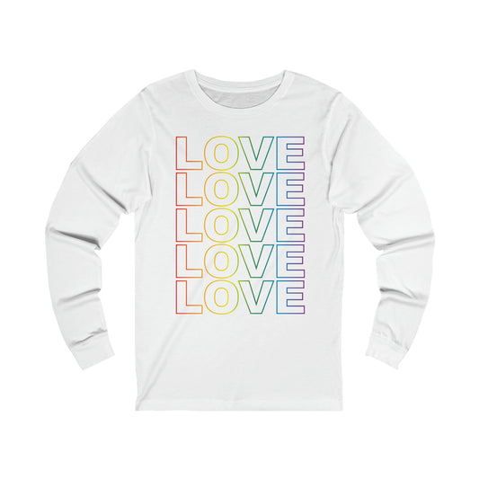 Live Love Be Peace LOVE Stack long sleeve t shirt in rainbow on white