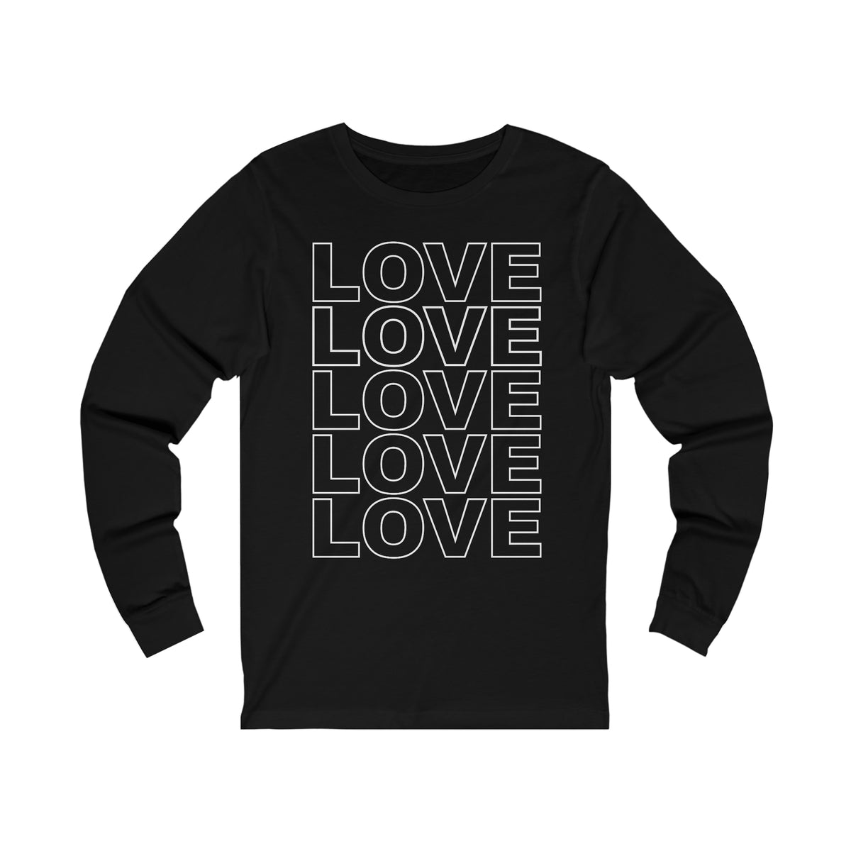 Live Love Be Peace LOVE Stack long sleeve t shirt in white on black
