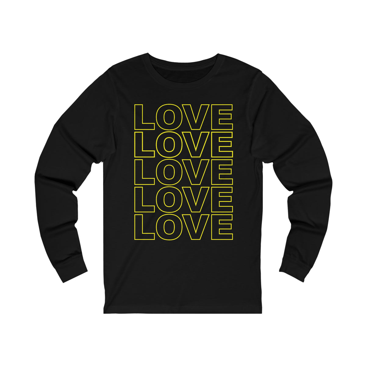 Live Love Be Peace LOVE Stack long sleeve t shirt in yellow on black