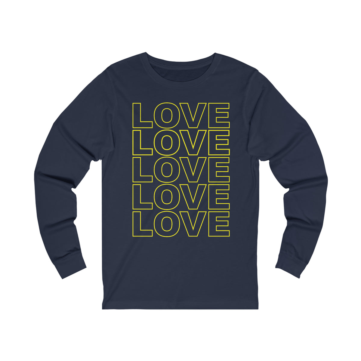 Live Love Be Peace LOVE Stack long sleeve t shirt in yellow on navy