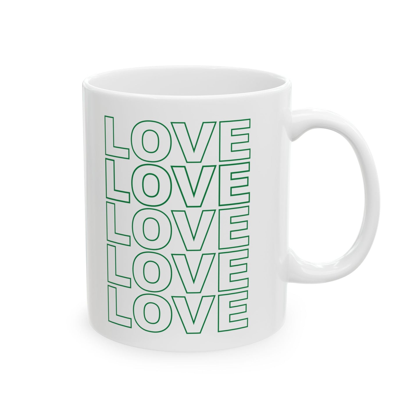 11oz Ceramic Mug with LOVE Stack and Live Love Be Peace Logo – Green - Love Side
