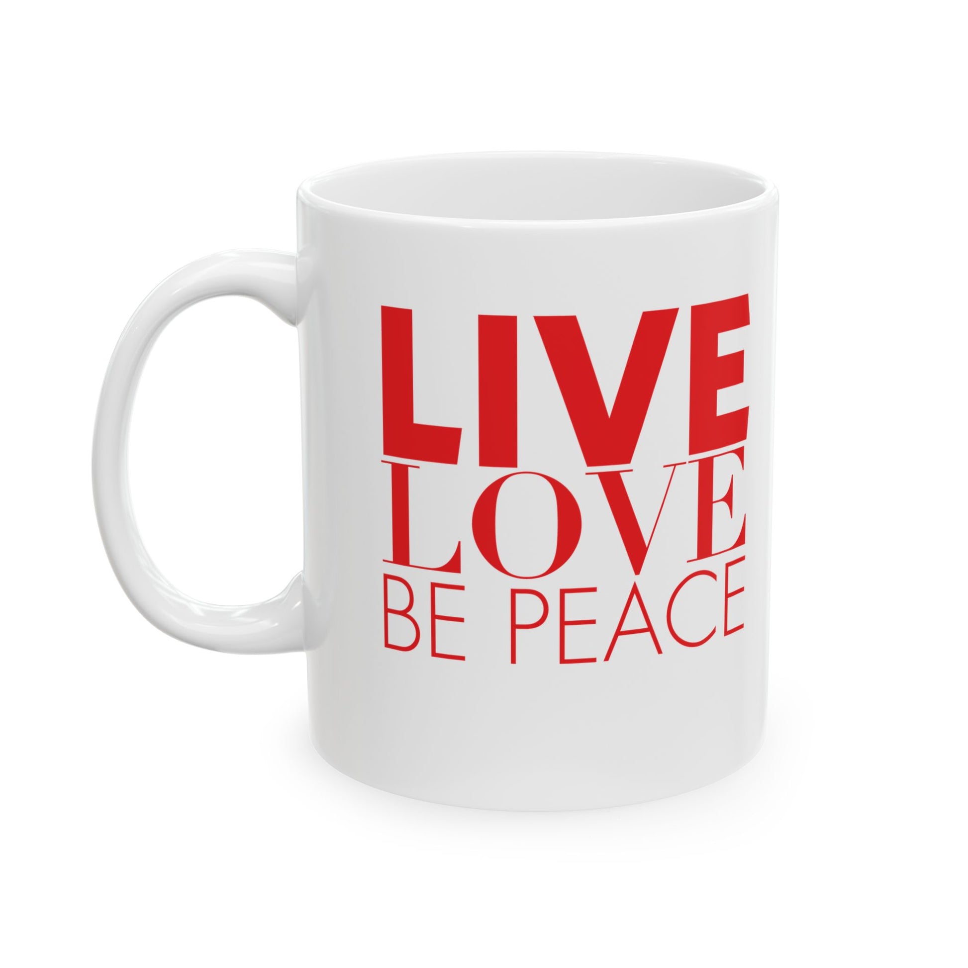 11oz Ceramic Mug with LOVE Stack and Live Love Be Peace Logo – Red - Live Love Be Peace Side
