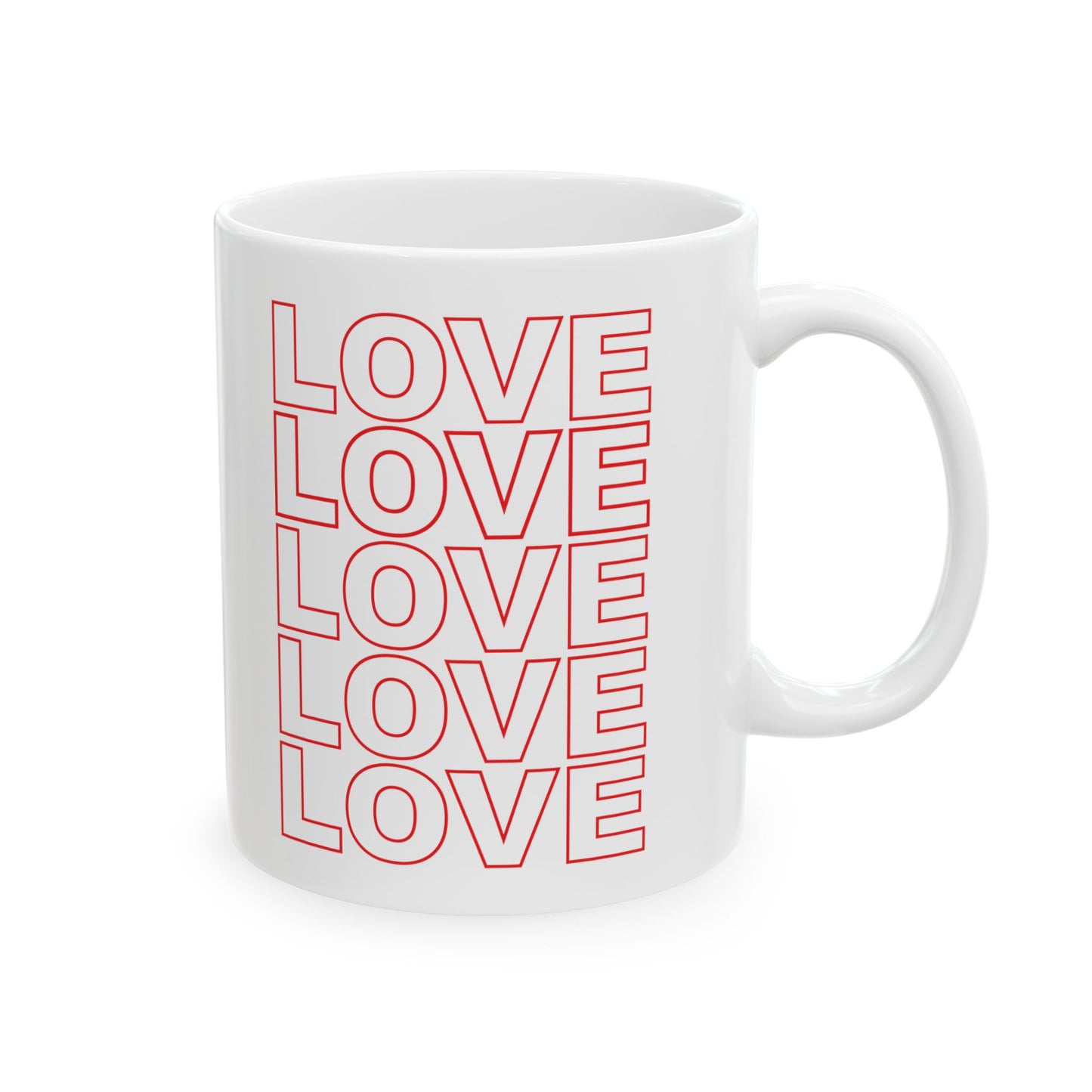 11oz Ceramic Mug with LOVE Stack and Live Love Be Peace Logo – Red - Love Side