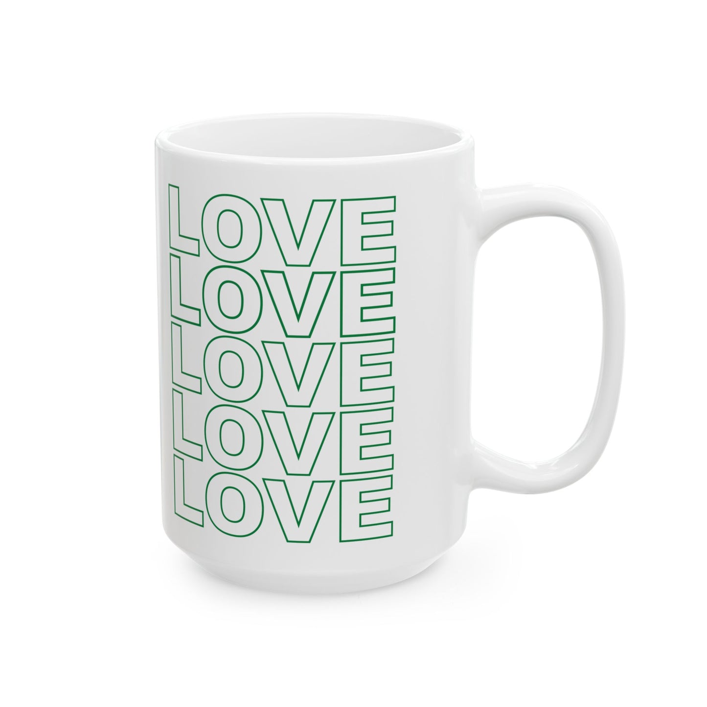 Green LOVE Stack Mug with Live Love Be Peace Logo – 15oz-Love Side