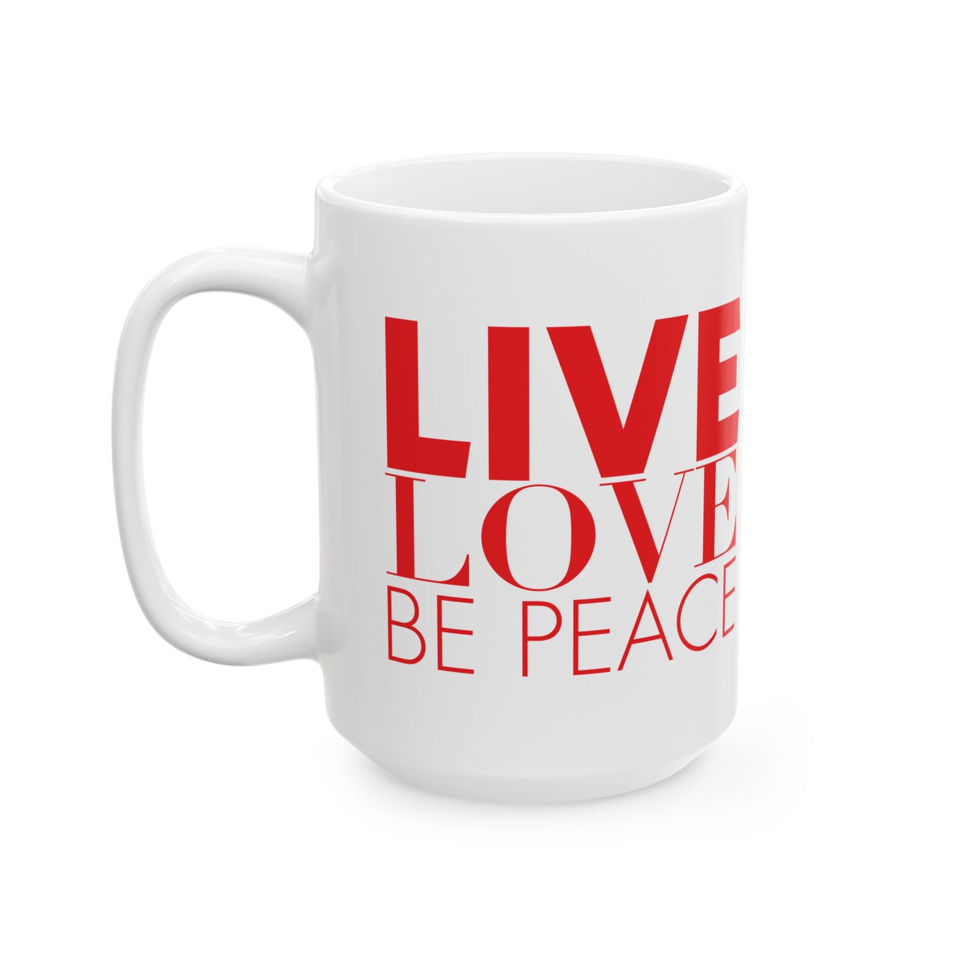 Red LOVE Stack Mug with Live Love Be Peace Logo – 15oz-Live Love Be Peace Side