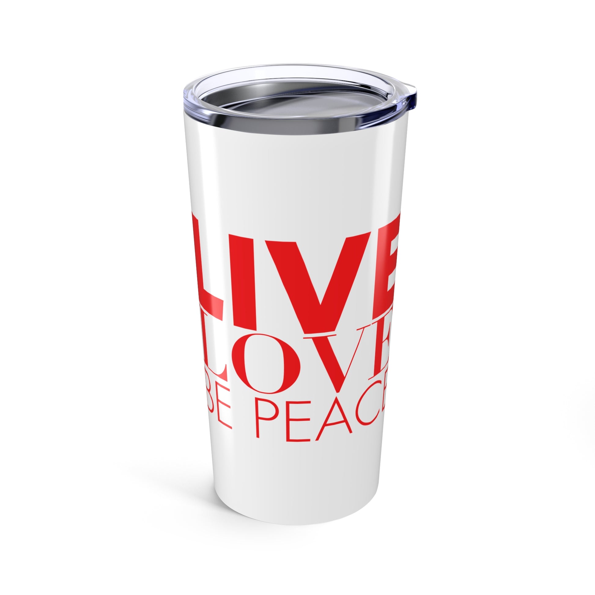 20oz Insulated Tumbler with Red LOVE Stack and Peace Logo Live Love Be Peace Side