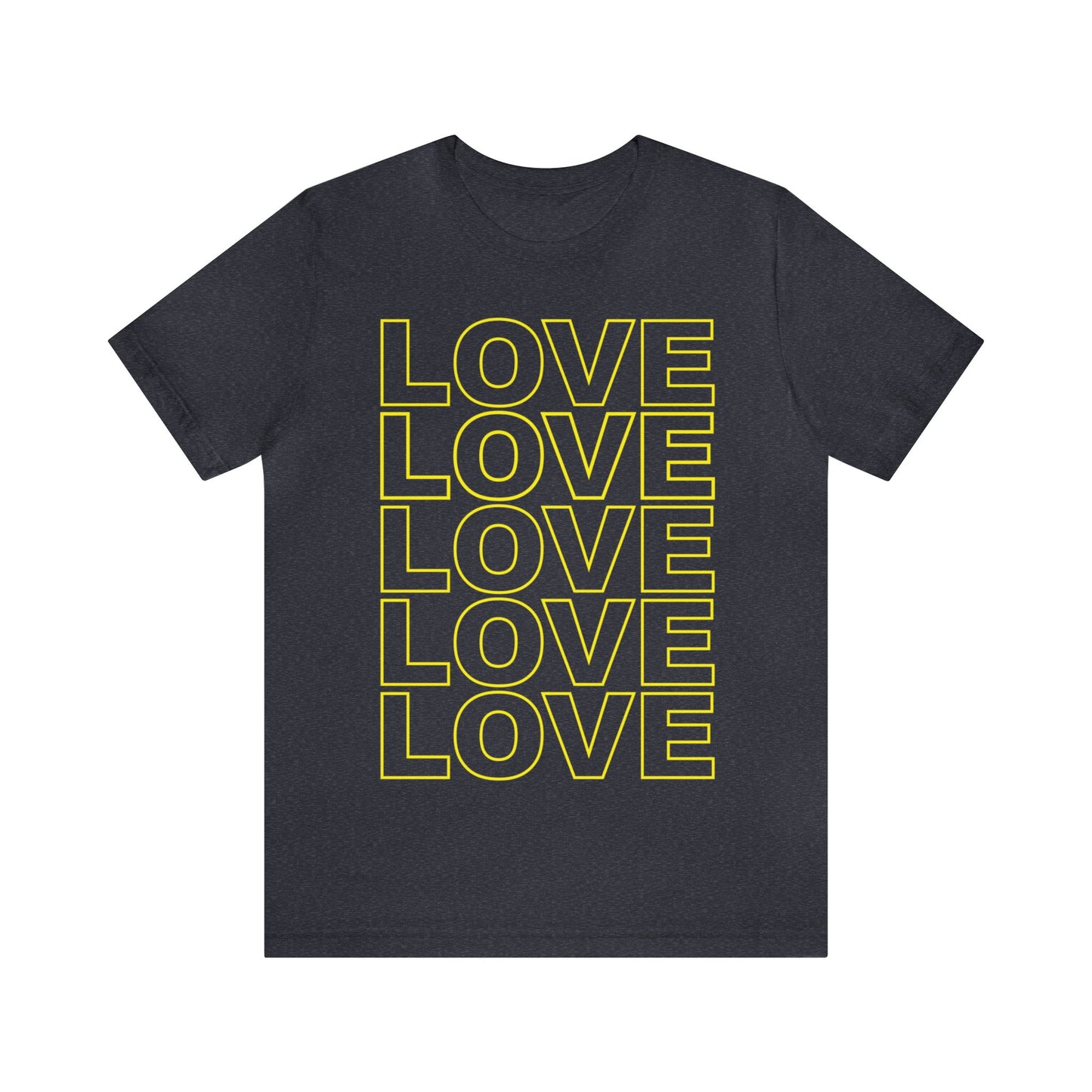 Live Love Be Peace LOVE stack unisex tee in yellow on heather navy.