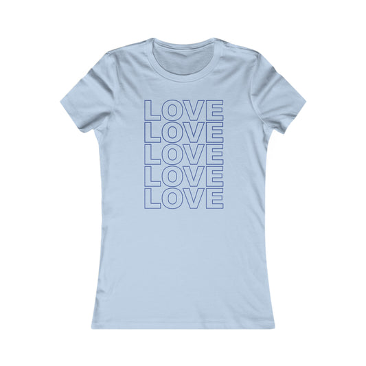Live Love Be Peace LOVE Stack women’s t shirt in blue on baby blue