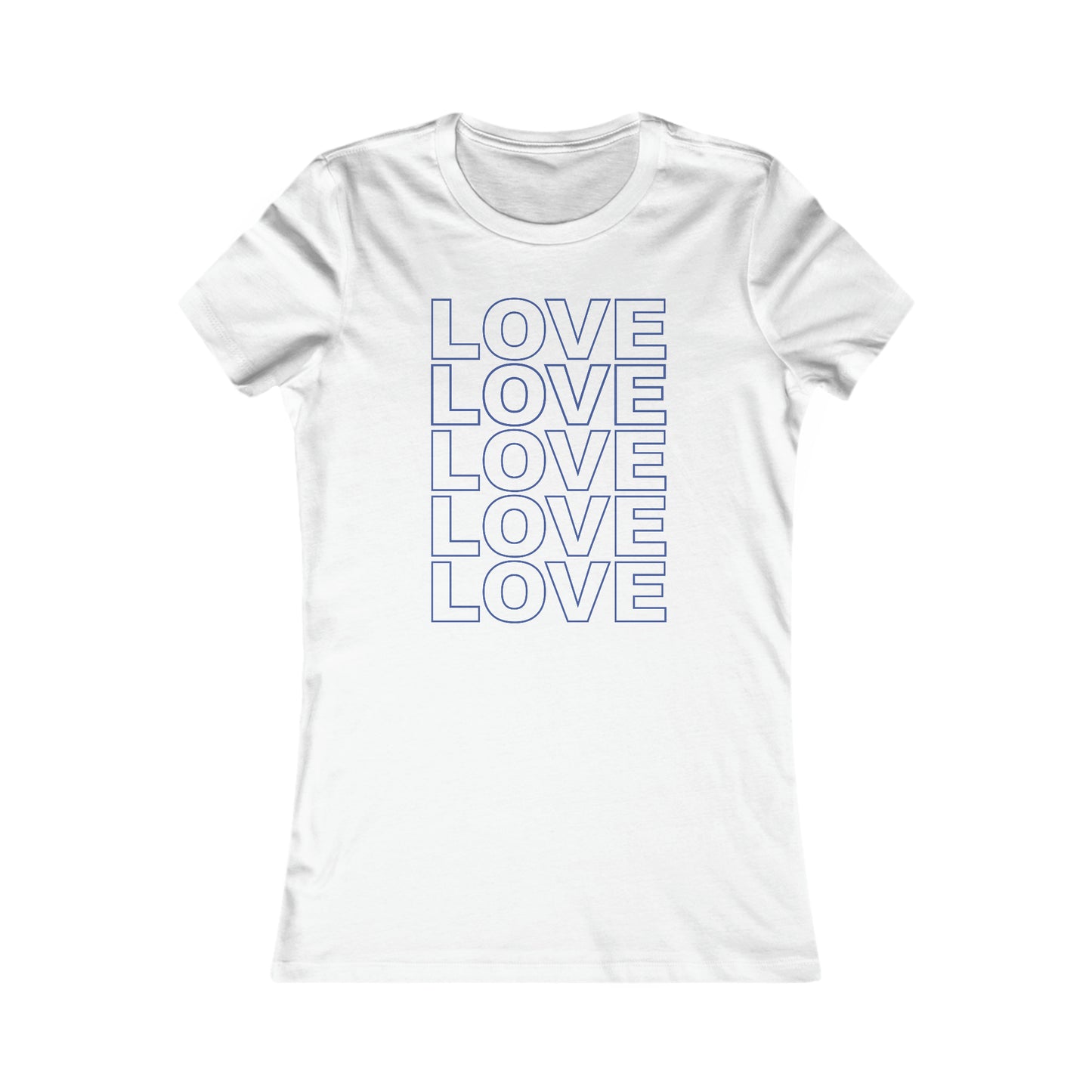 Live Love Be Peace LOVE Stack women’s t shirt in blue on white