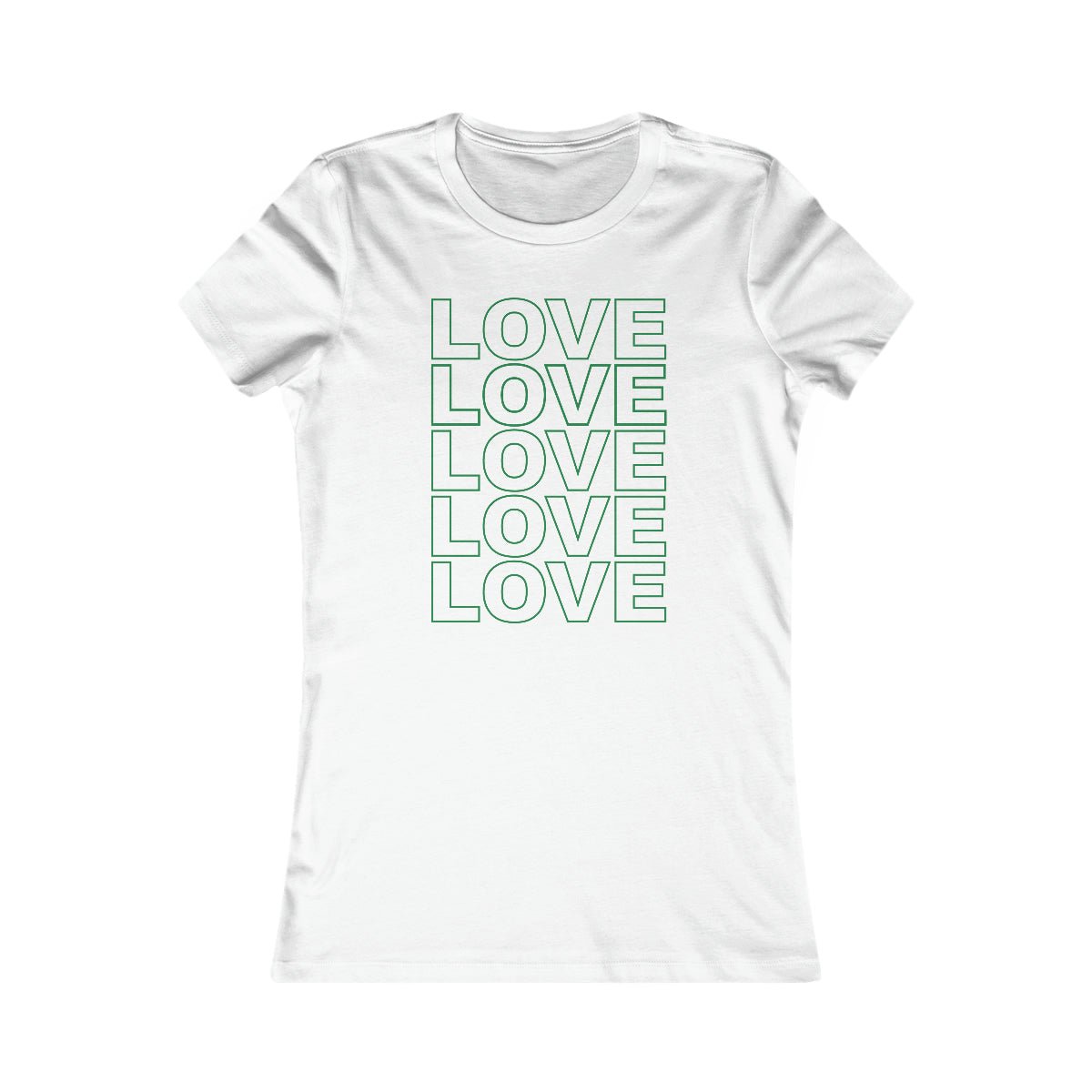 Live Love Be Peace LOVE Stack women’s t shirt in green on white