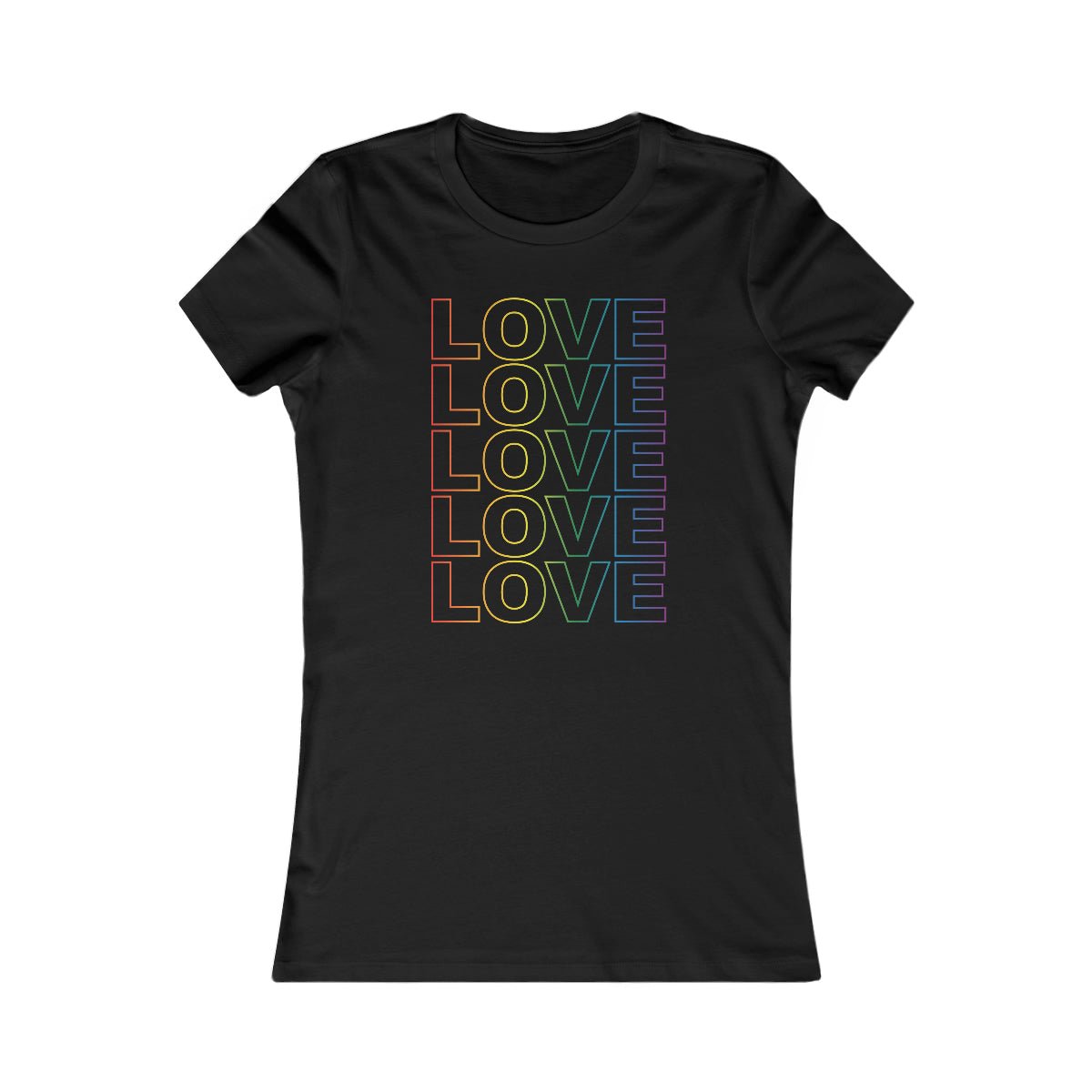 Live Love Be Peace LOVE Stack women’s t shirt in rainbow on black