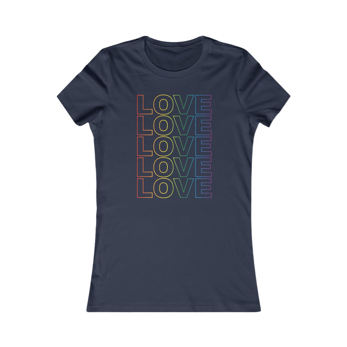 Live Love Be Peace LOVE Stack women’s t shirt in rainbow on navy