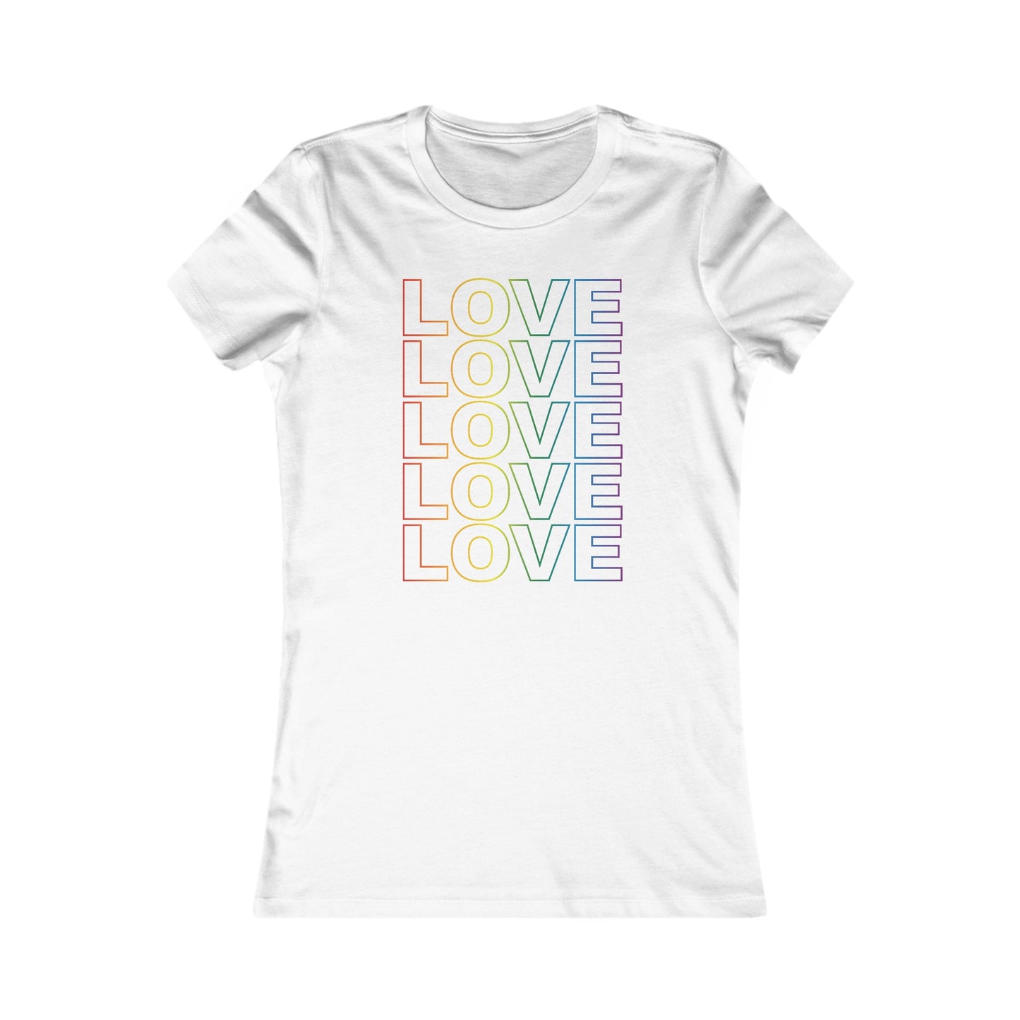 Live Love Be Peace LOVE Stack women’s t shirt in rainbow on white