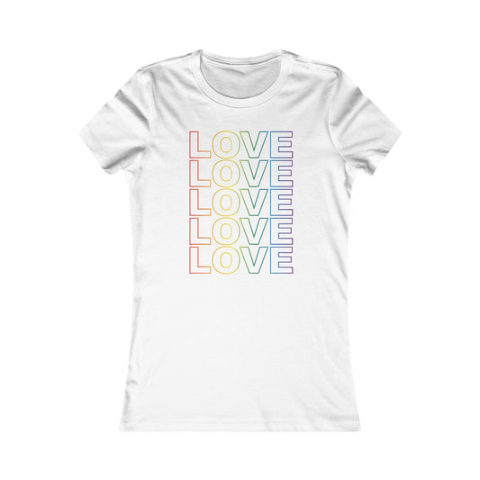 Live Love Be Peace LOVE Stack women’s t shirt in rainbow on white