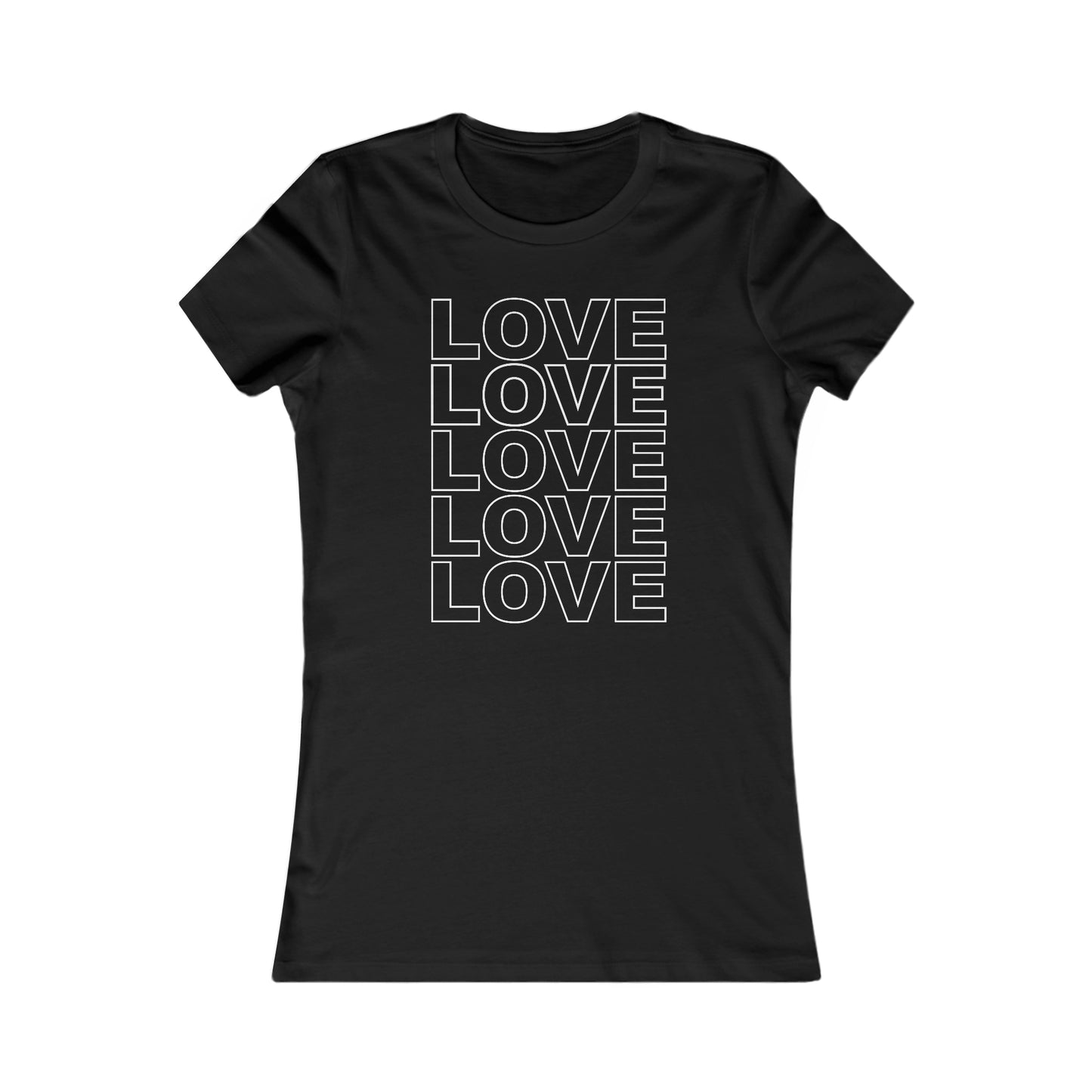 Live Love Be Peace LOVE Stack women’s t shirt in white on black