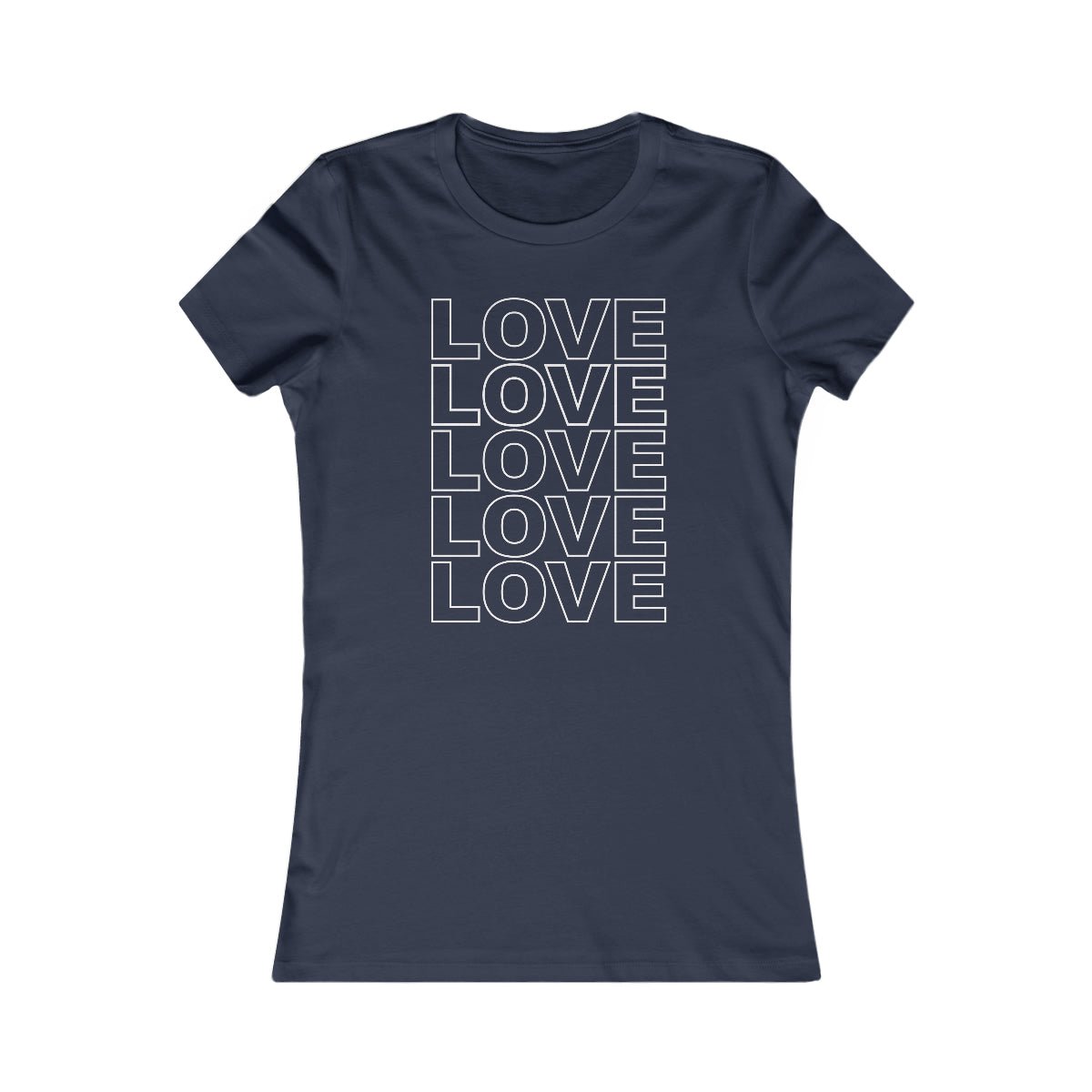 Live Love Be Peace LOVE Stack women’s t shirt in white on navy