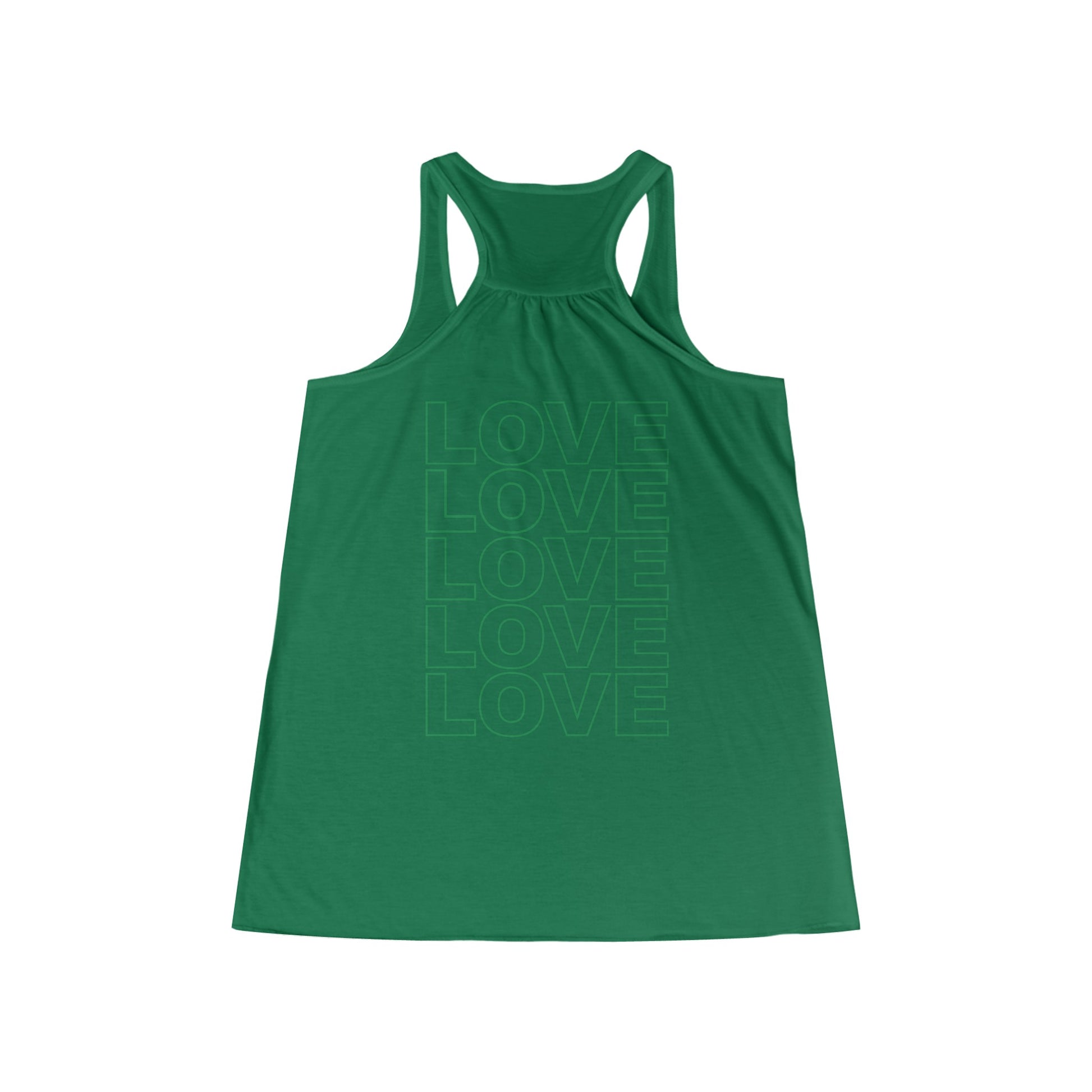 Live Love Be Peace and Love Stacked Women's Flowy Racerback Tank Green on Kelly Green Back.