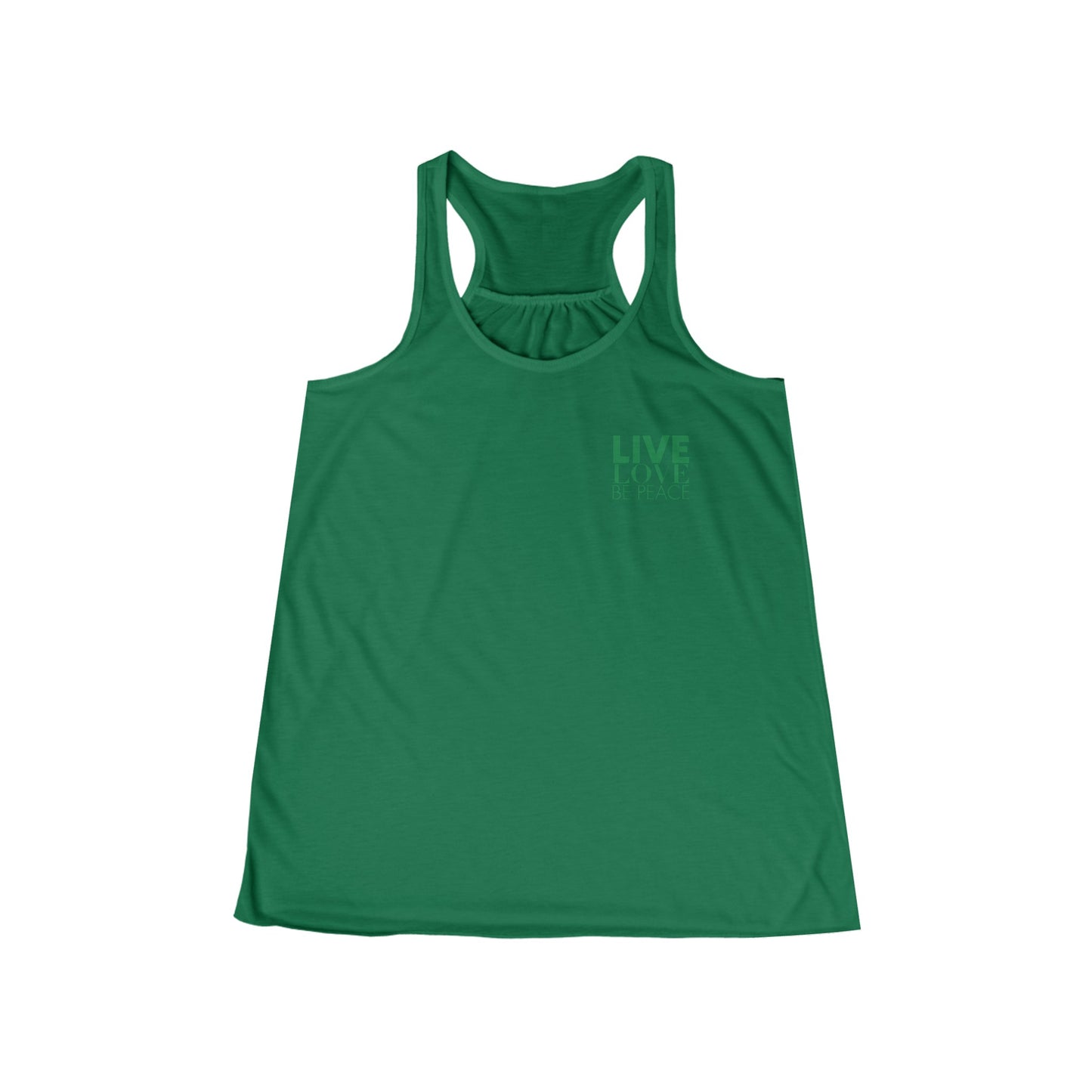 Live Love Be Peace Love Stacked Womens Flowy Racerback Tank Green on Kelly Green Front.