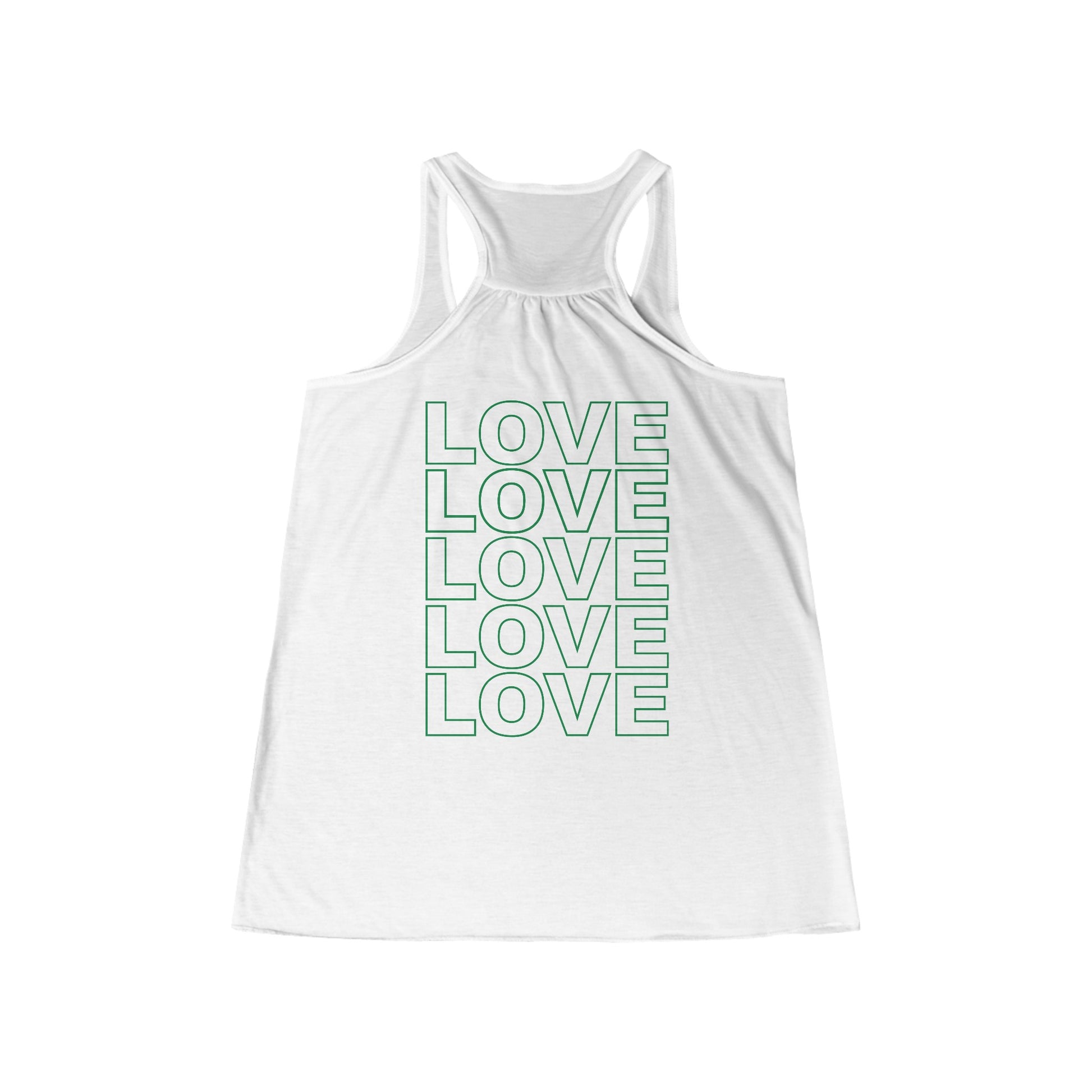 Live Love Be Peace Love Stacked Womens Flowy Racerback Tank Green on White Back.