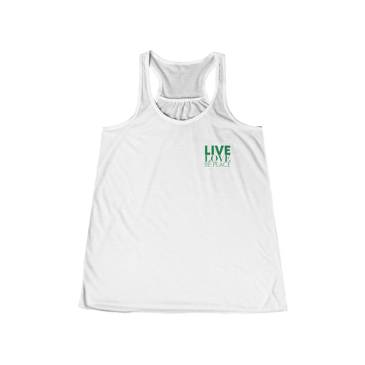 Live Love Be Peace Love Stacked Womens Flowy Racerback Tank Green on White Front.