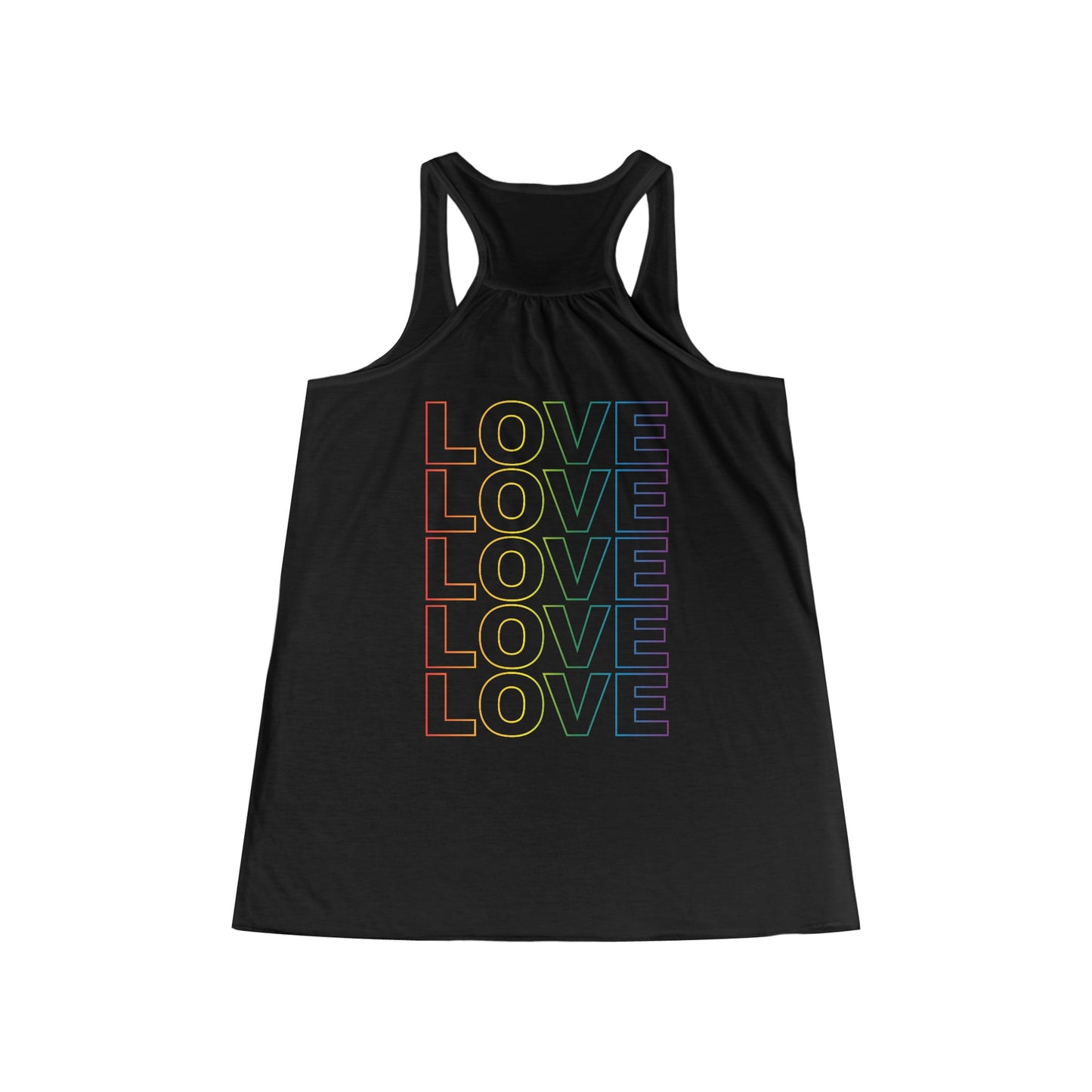 Live Love Be Peace and Love Stacked Women's Flowy Racerback Tank Rainbow on Black Back.