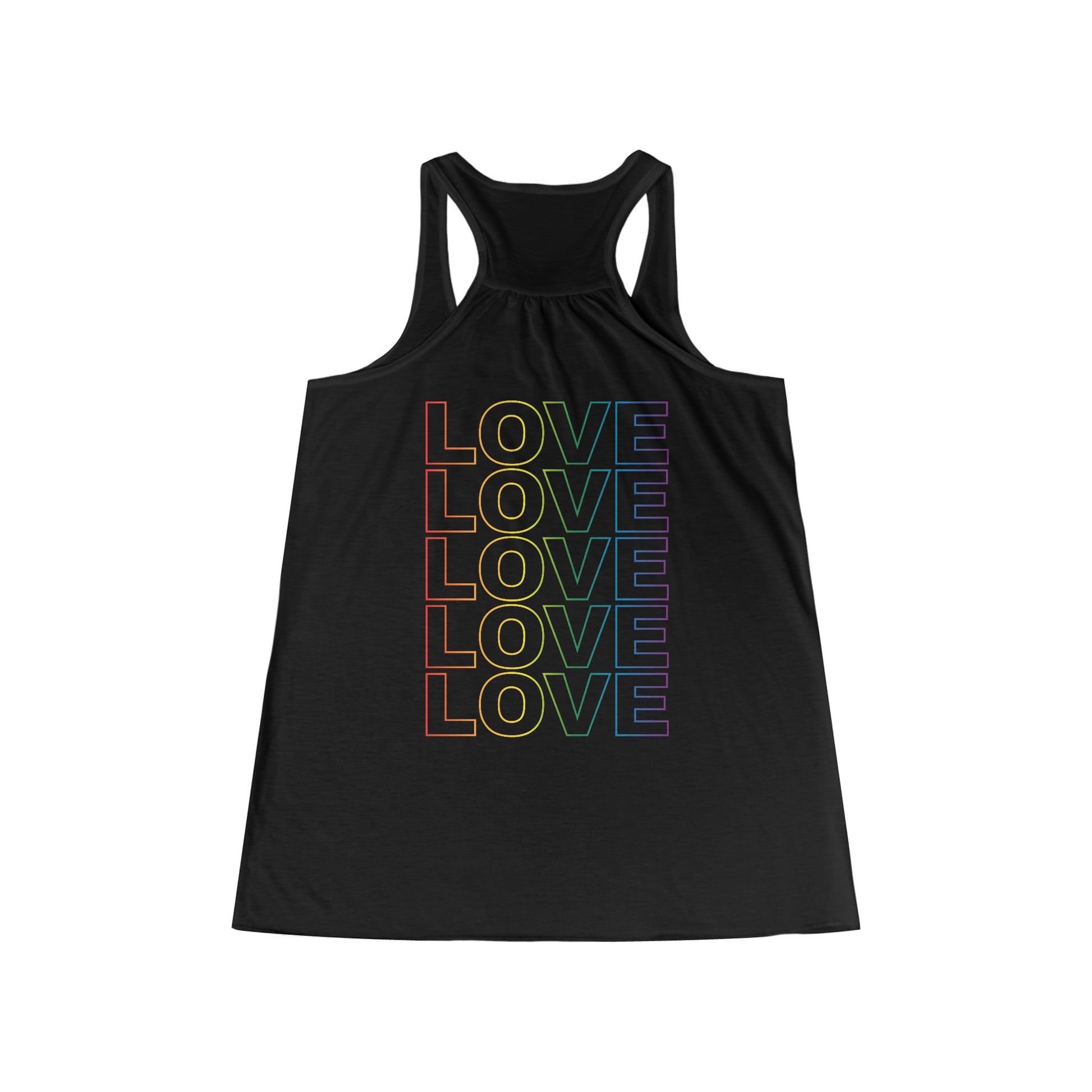 Live Love Be Peace and Love Stacked Women's Flowy Racerback Tank Rainbow on Black Back.