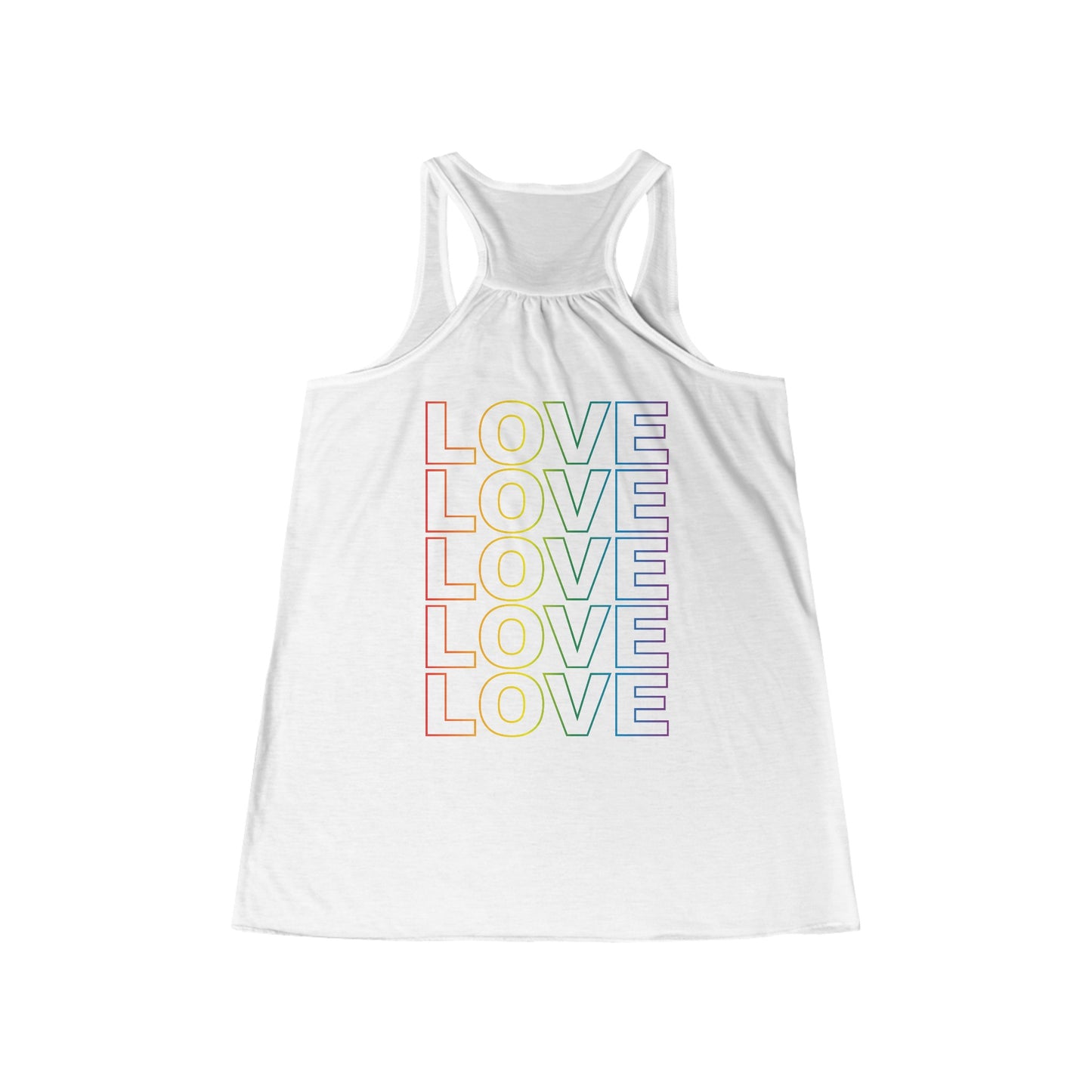 Live Love Be Peace and Love Stacked Women's Flowy Racerback Tank Rainbow on White Front.