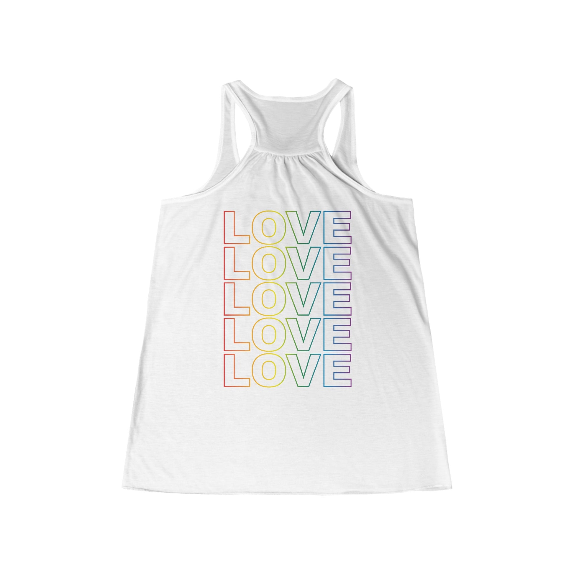 Live Love Be Peace and Love Stacked Women's Flowy Racerback Tank Rainbow on White Front.