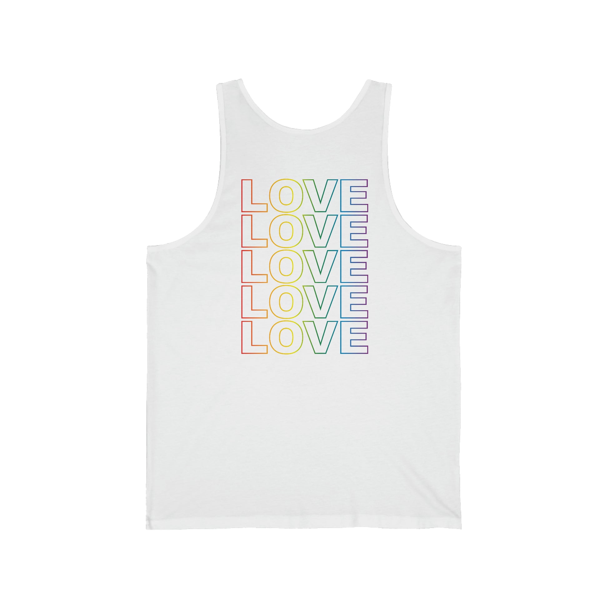 Back of 'Live Love Be Peace and LOVE Unisex Tank Top' featuring stacked 'LOVE' design in rainbow on white.