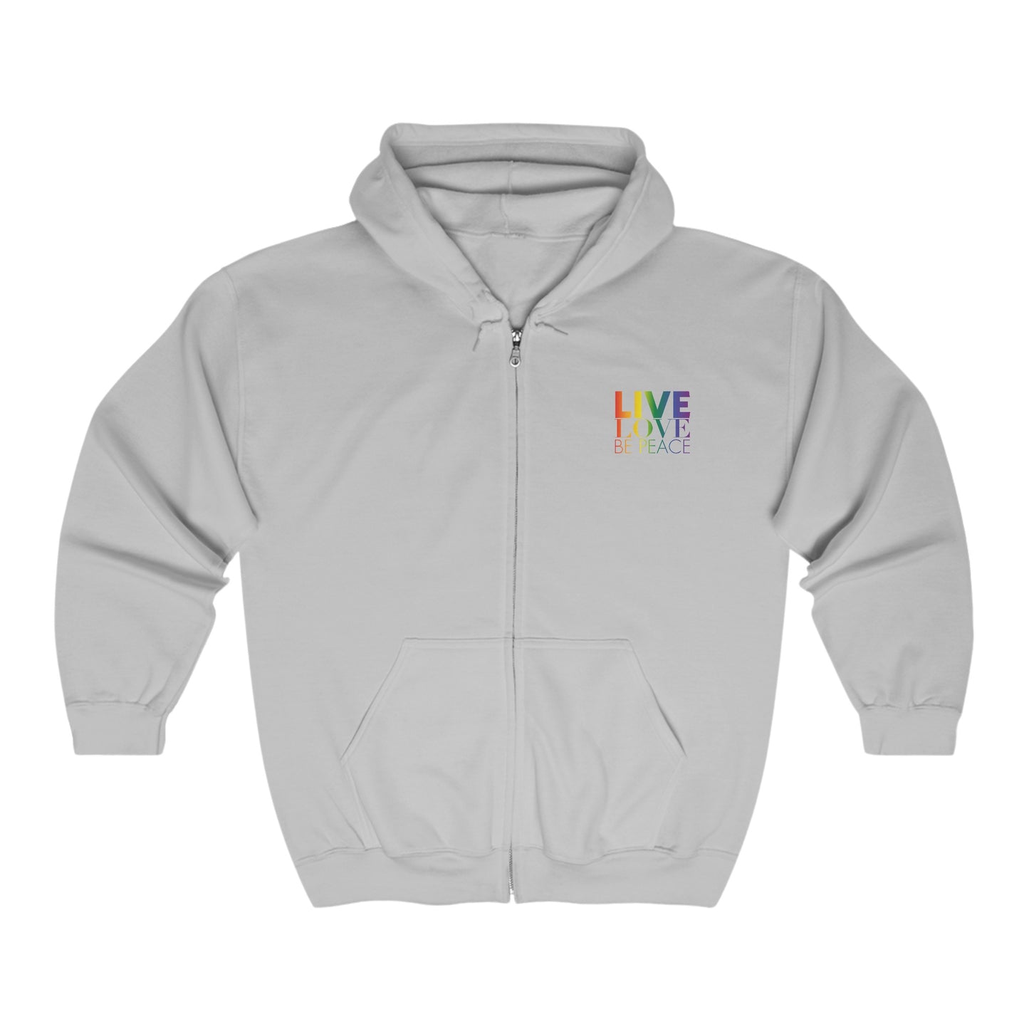 Live Love Be Peace RESIST full zip hoodie with logo on front in rainbow on grey