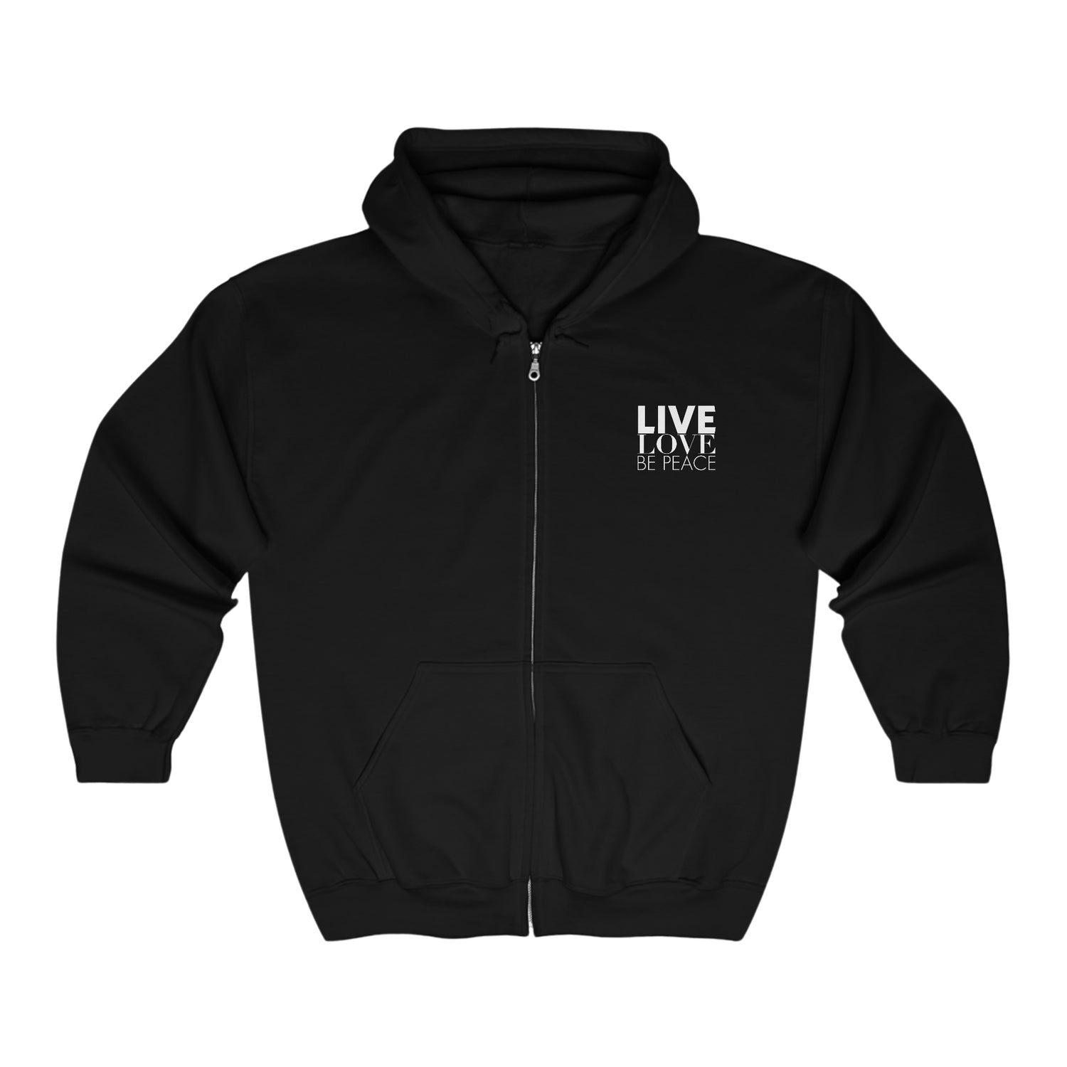 Live Love Be Peace RESIST full zip hoodie with logo on front in white on black