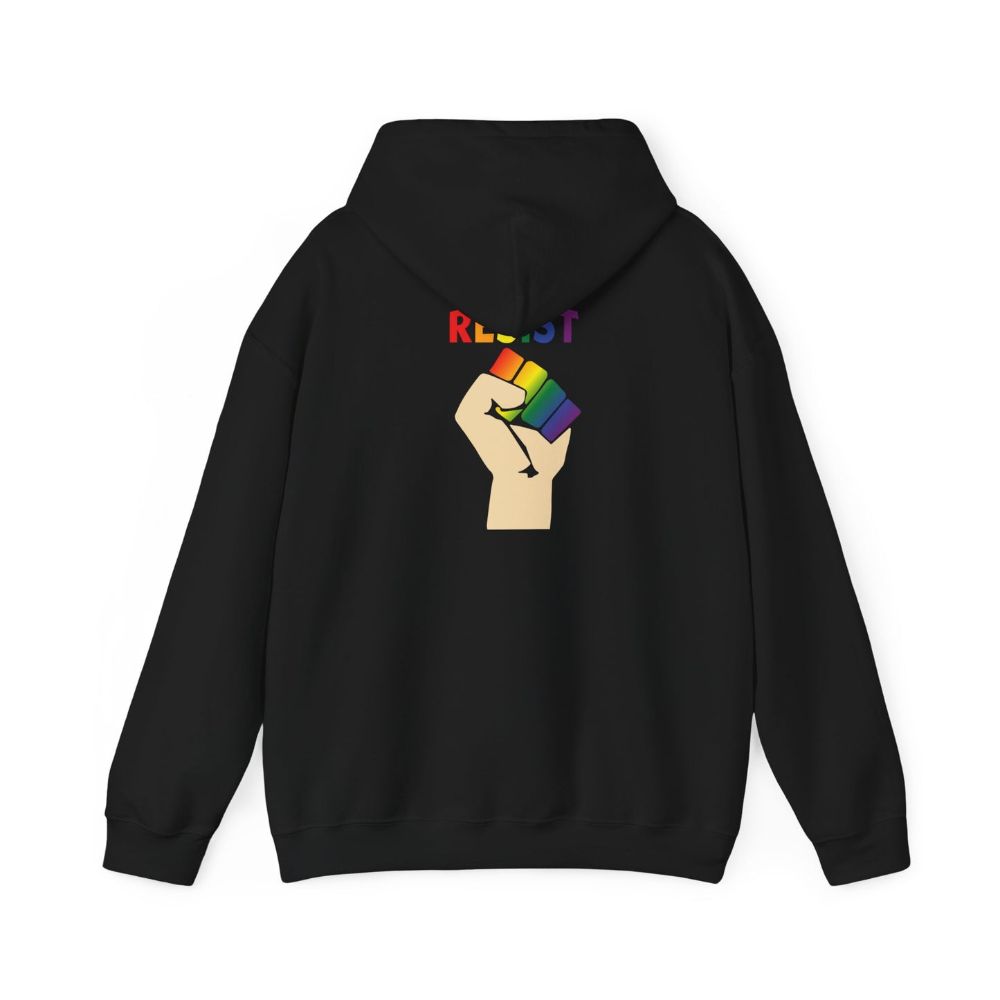 Live Love Be Peace RESIST back design pullover hoodie in rainbow on black