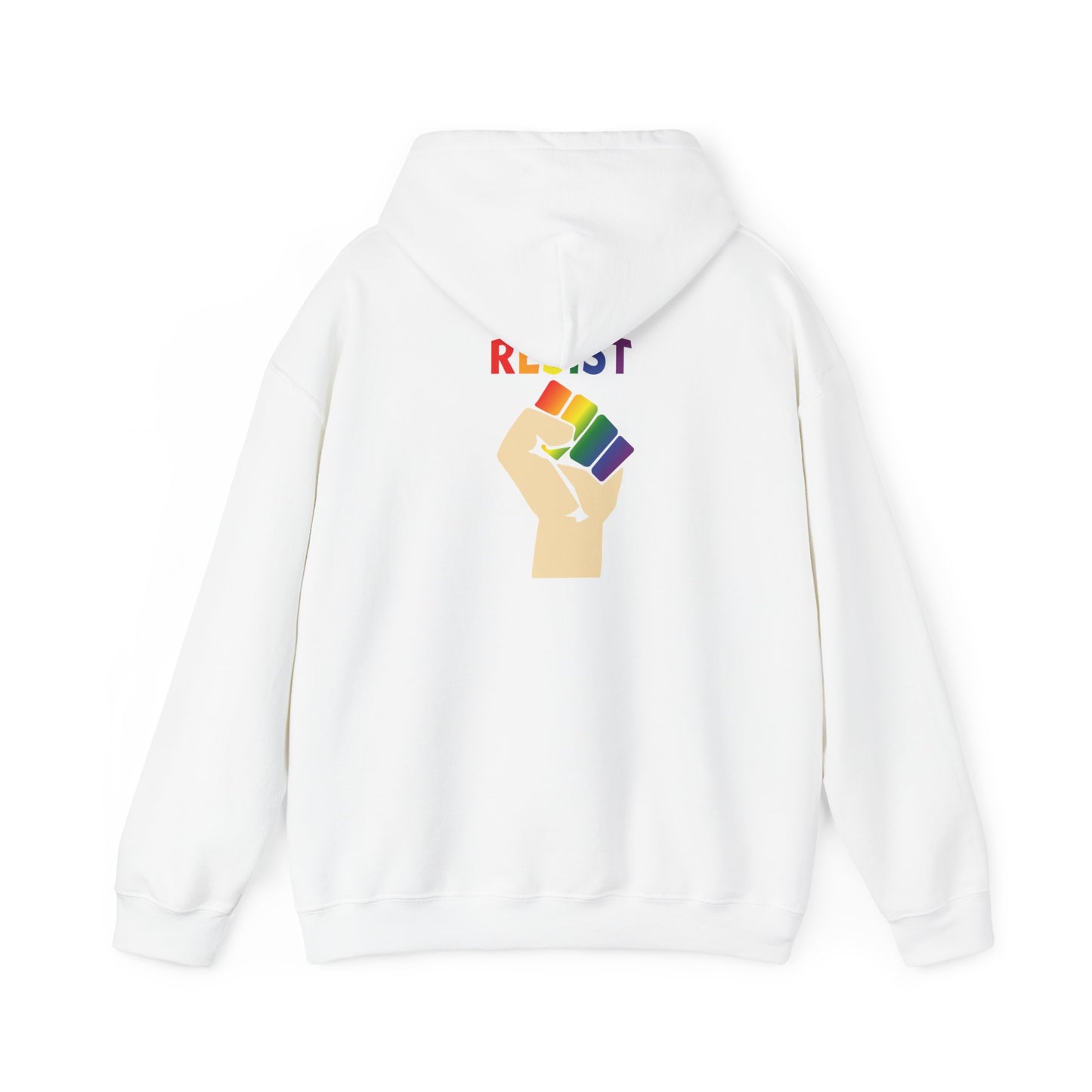 Live Love Be Peace RESIST back design pullover hoodie in rainbow on white